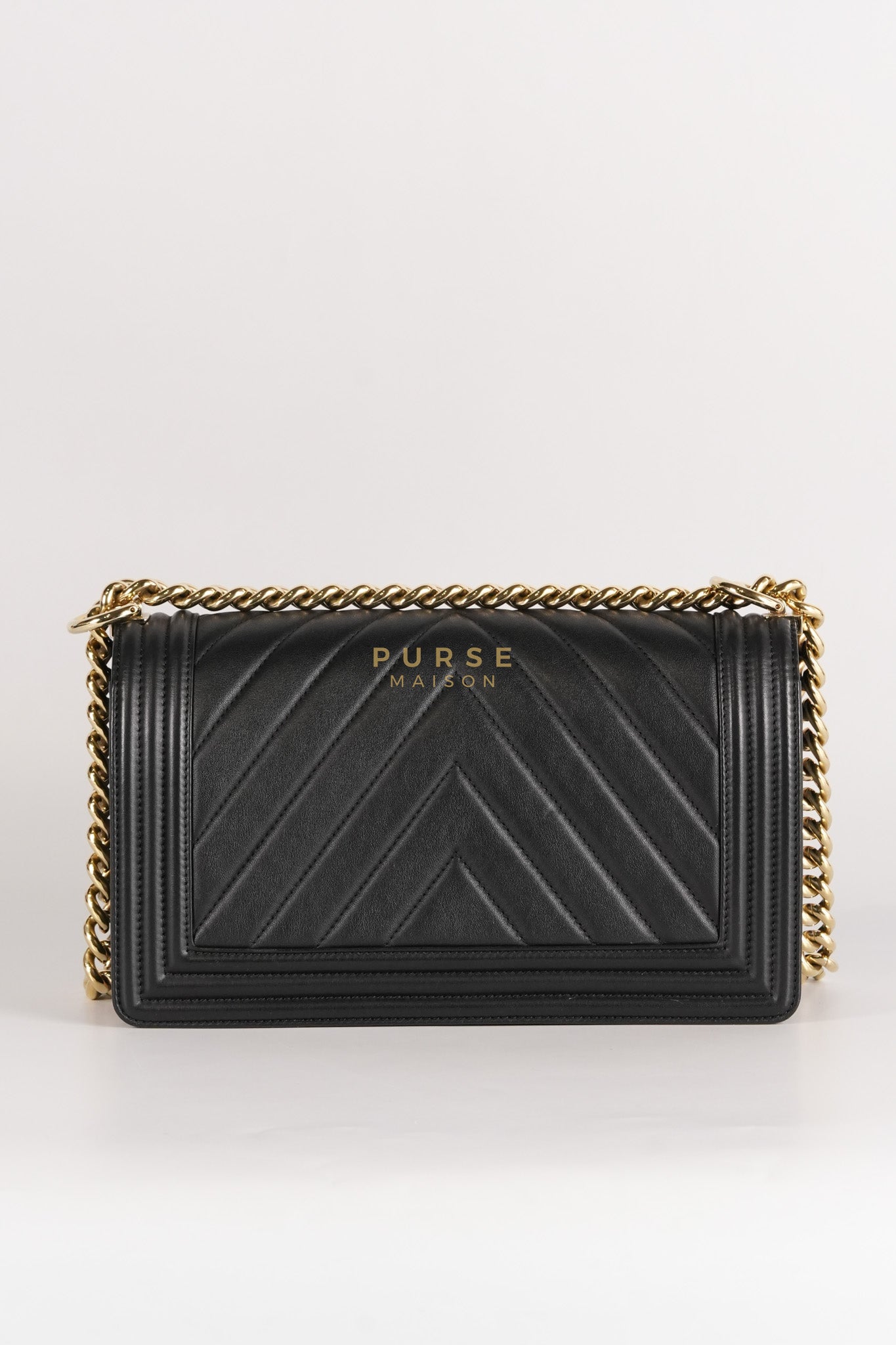 Boy Old Medium Black in Chevron Calfskin Leather and Light Gold Hardware Series 23 | Purse Maison Luxury Bags Shop