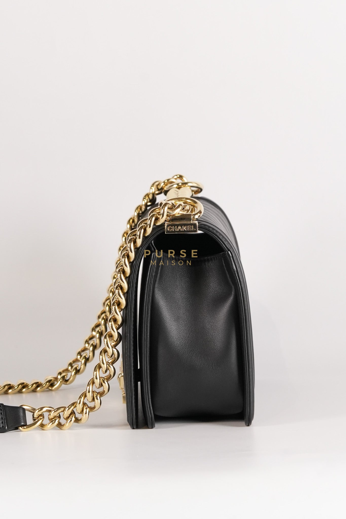 Boy Old Medium Black in Chevron Calfskin Leather and Light Gold Hardware Series 23 | Purse Maison Luxury Bags Shop