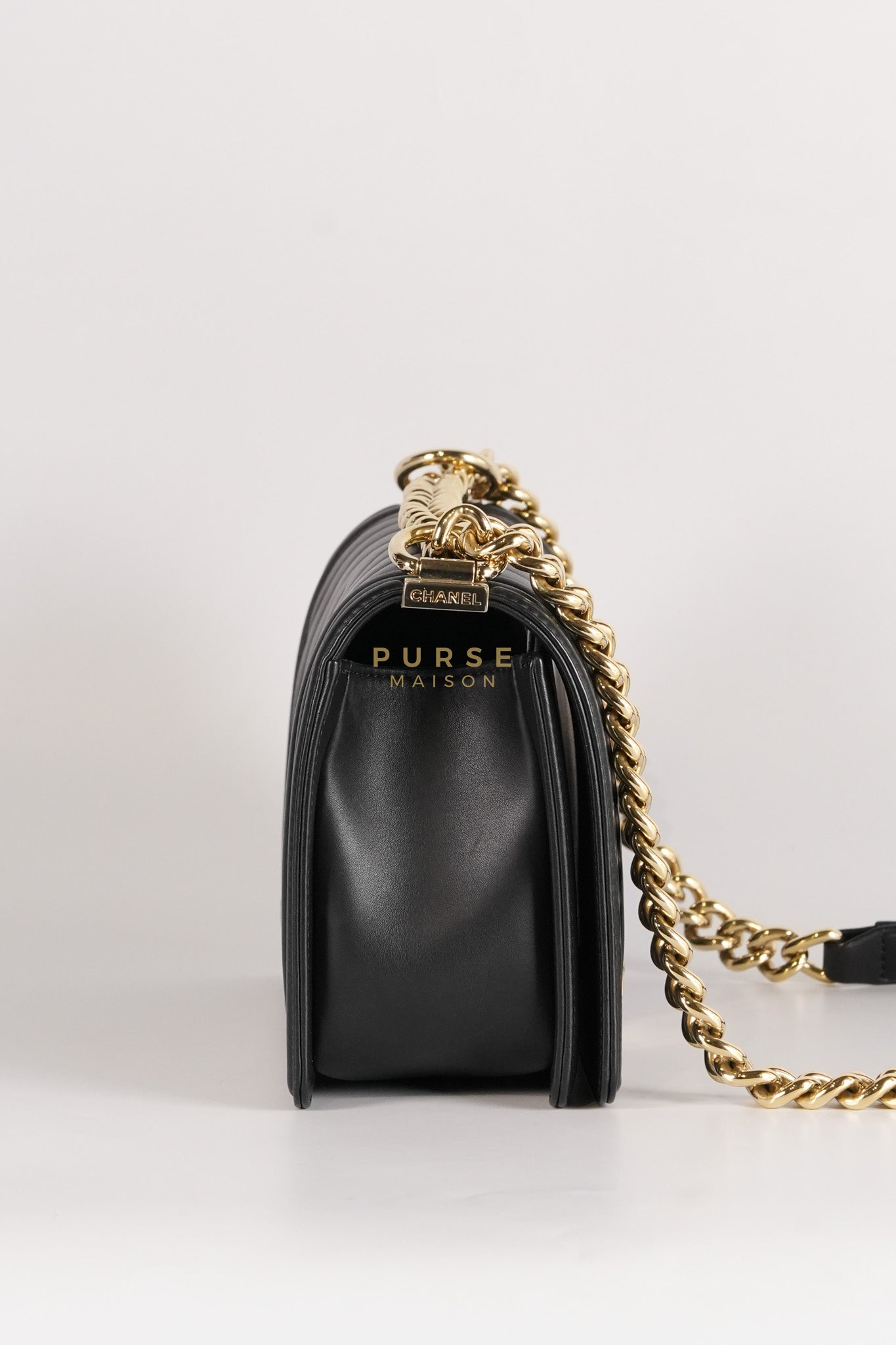 Boy Old Medium Black in Chevron Calfskin Leather and Light Gold Hardware Series 23 | Purse Maison Luxury Bags Shop