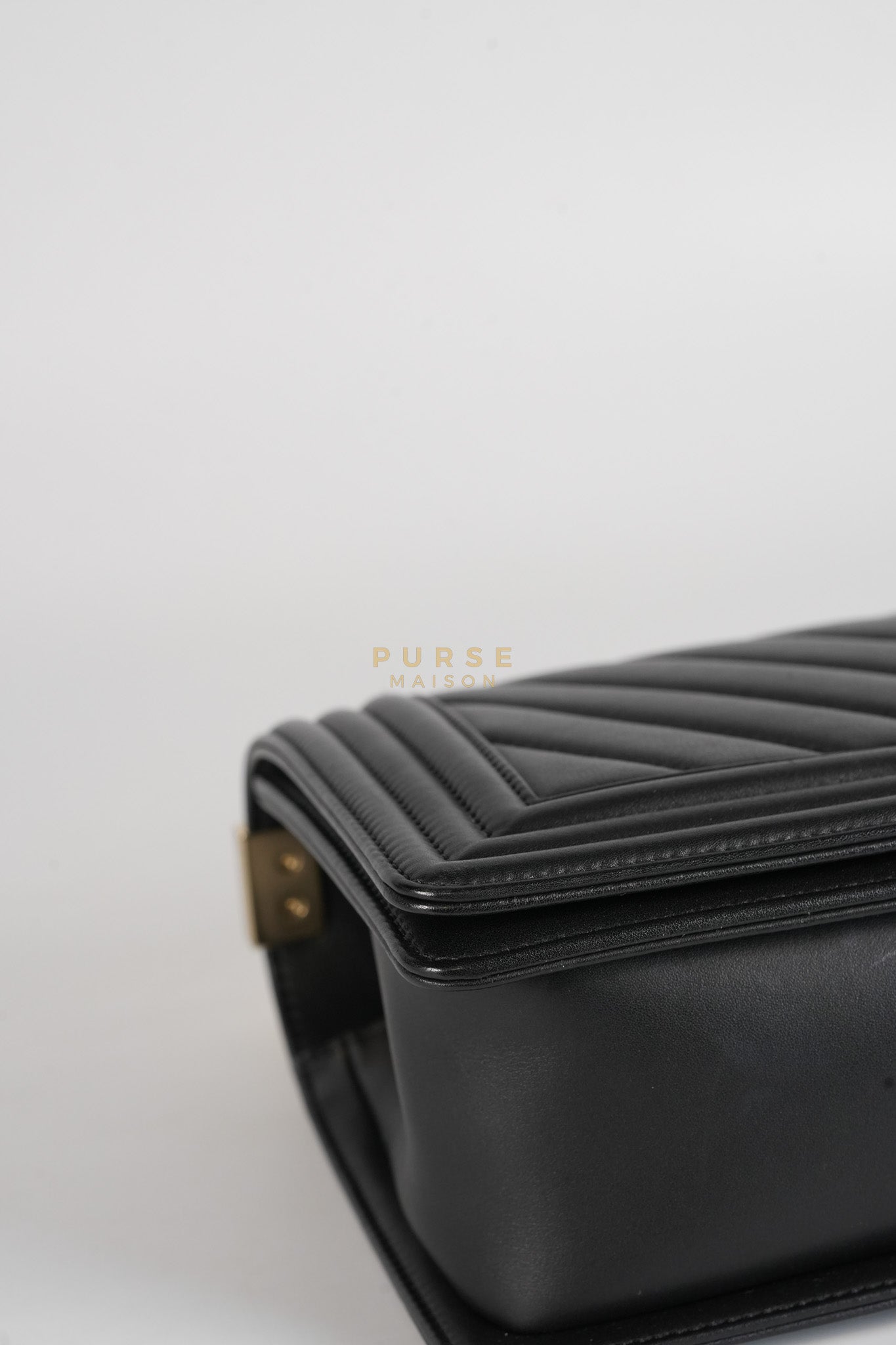 Boy Old Medium Black in Chevron Calfskin Leather and Light Gold Hardware Series 23 | Purse Maison Luxury Bags Shop