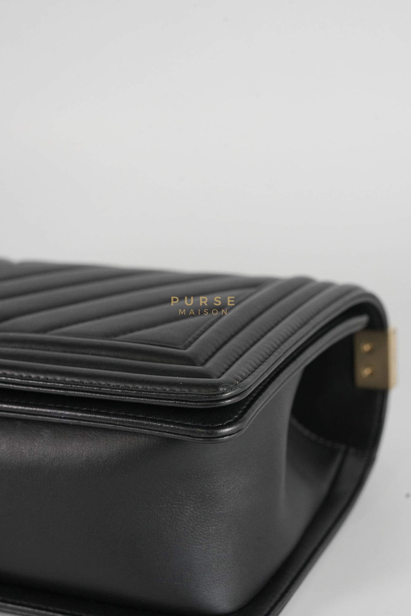 Boy Old Medium Black in Chevron Calfskin Leather and Light Gold Hardware Series 23 | Purse Maison Luxury Bags Shop