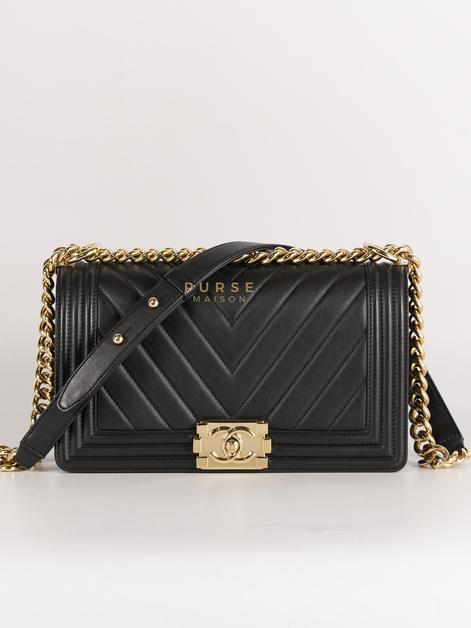Boy Old Medium Black in Chevron Calfskin Leather and Light Gold Hardware Series 23 | Purse Maison Luxury Bags Shop