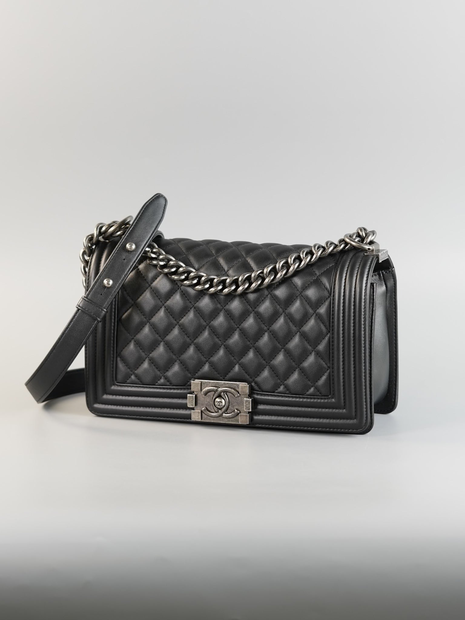 Boy Old Medium Black Quilted Calfskin Leather & Ruthenium Hardware (Microchip) | Purse Maison Luxury Bags Shop