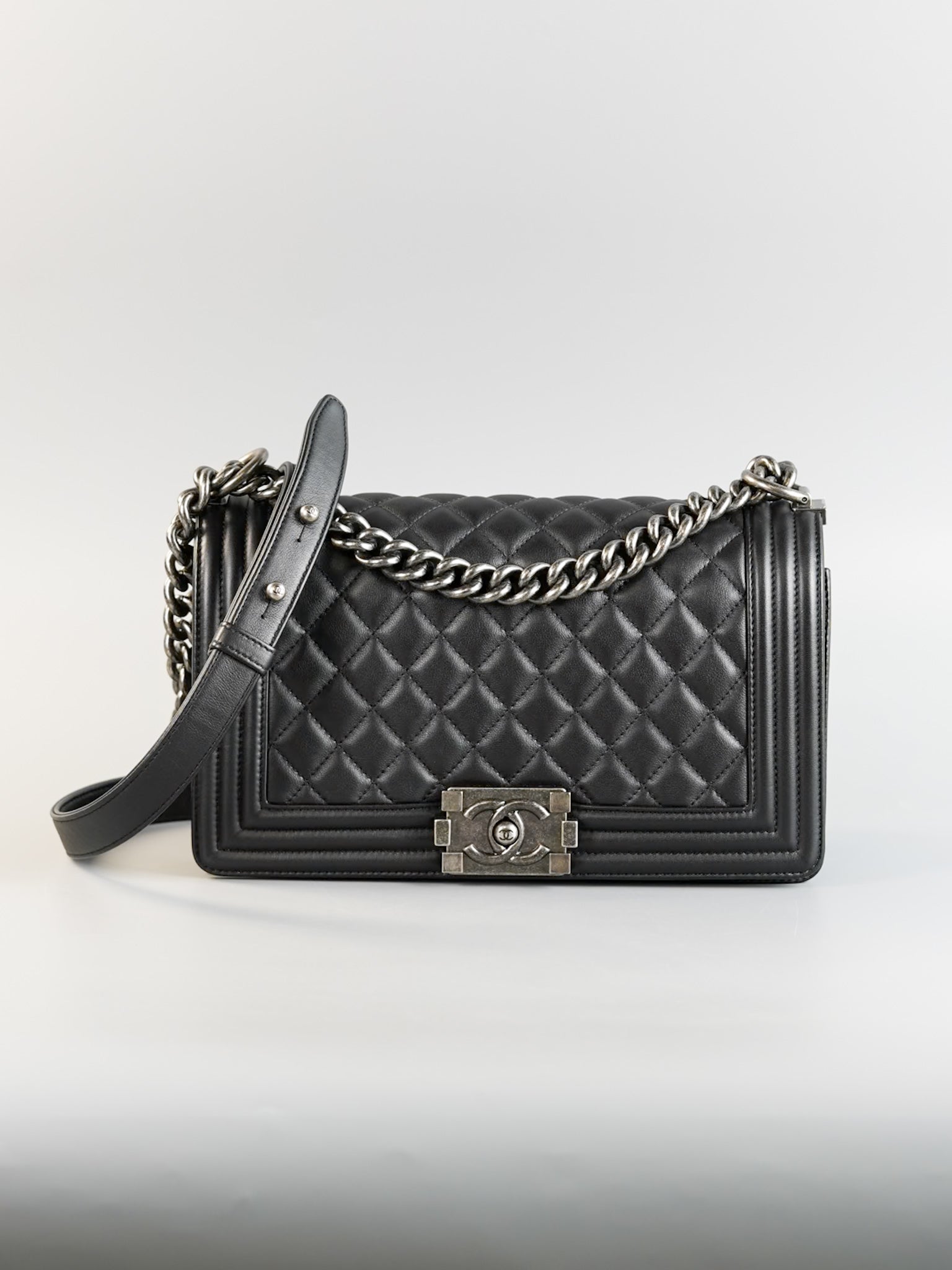 Boy Old Medium Black Quilted Calfskin Leather & Ruthenium Hardware (Microchip) | Purse Maison Luxury Bags Shop