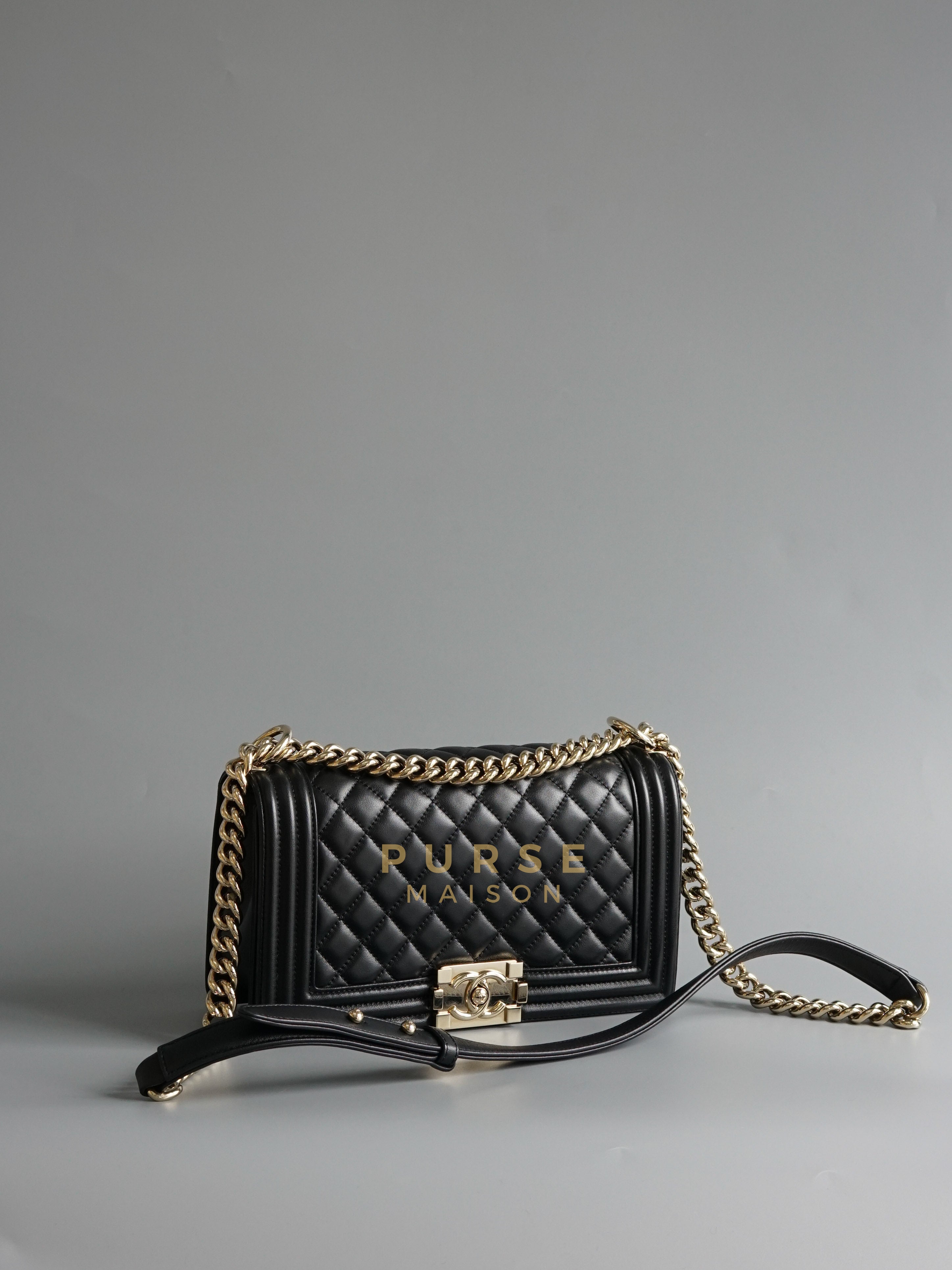 Boy Old Medium Black Quilted Lambskin Leather & Light Gold Hardware Series 22 | Purse Maison Luxury Bags Shop