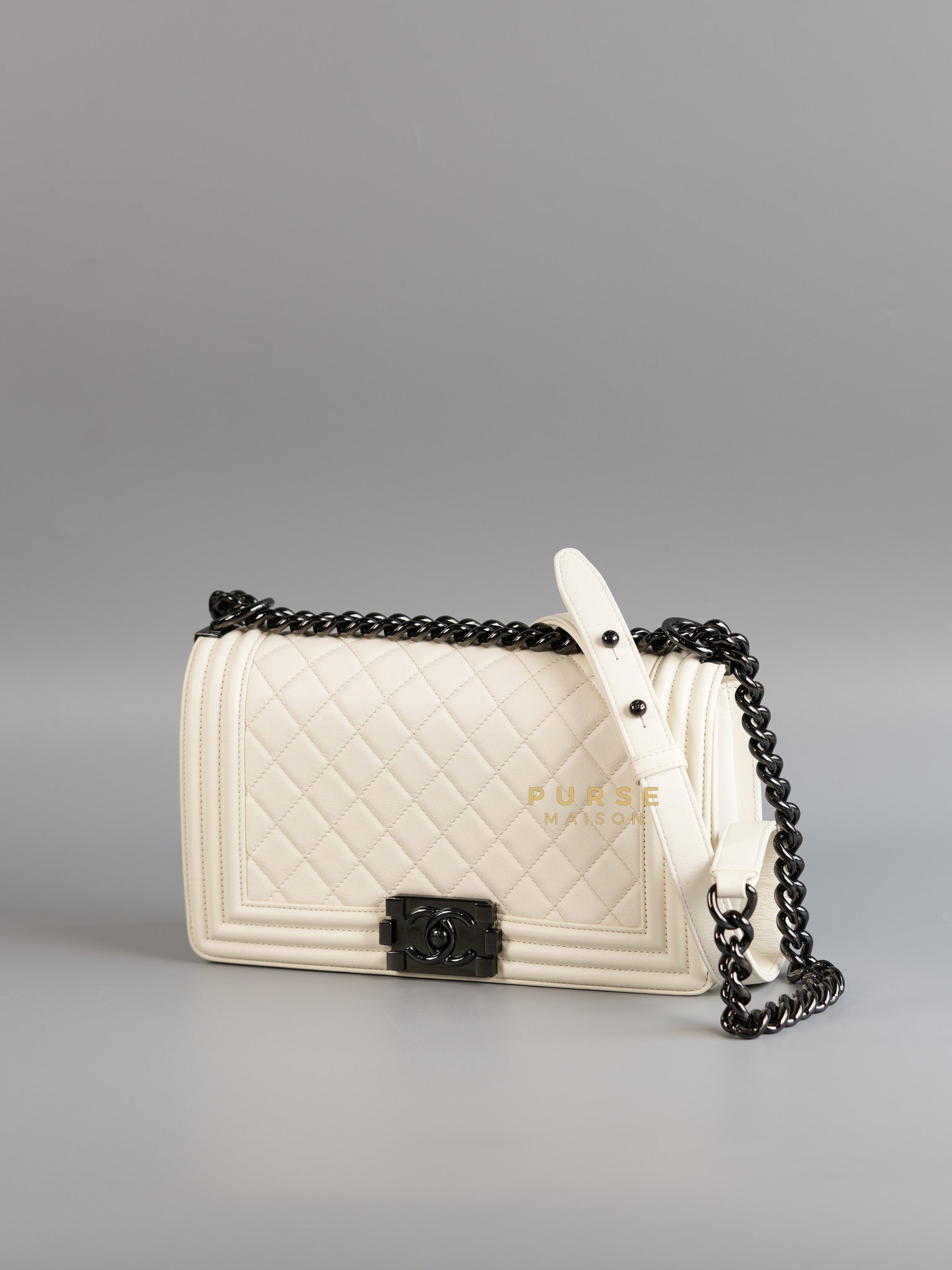 Boy Old Medium Calfskin White in So Black Hardware (Series 25) | Purse Maison Luxury Bags Shop