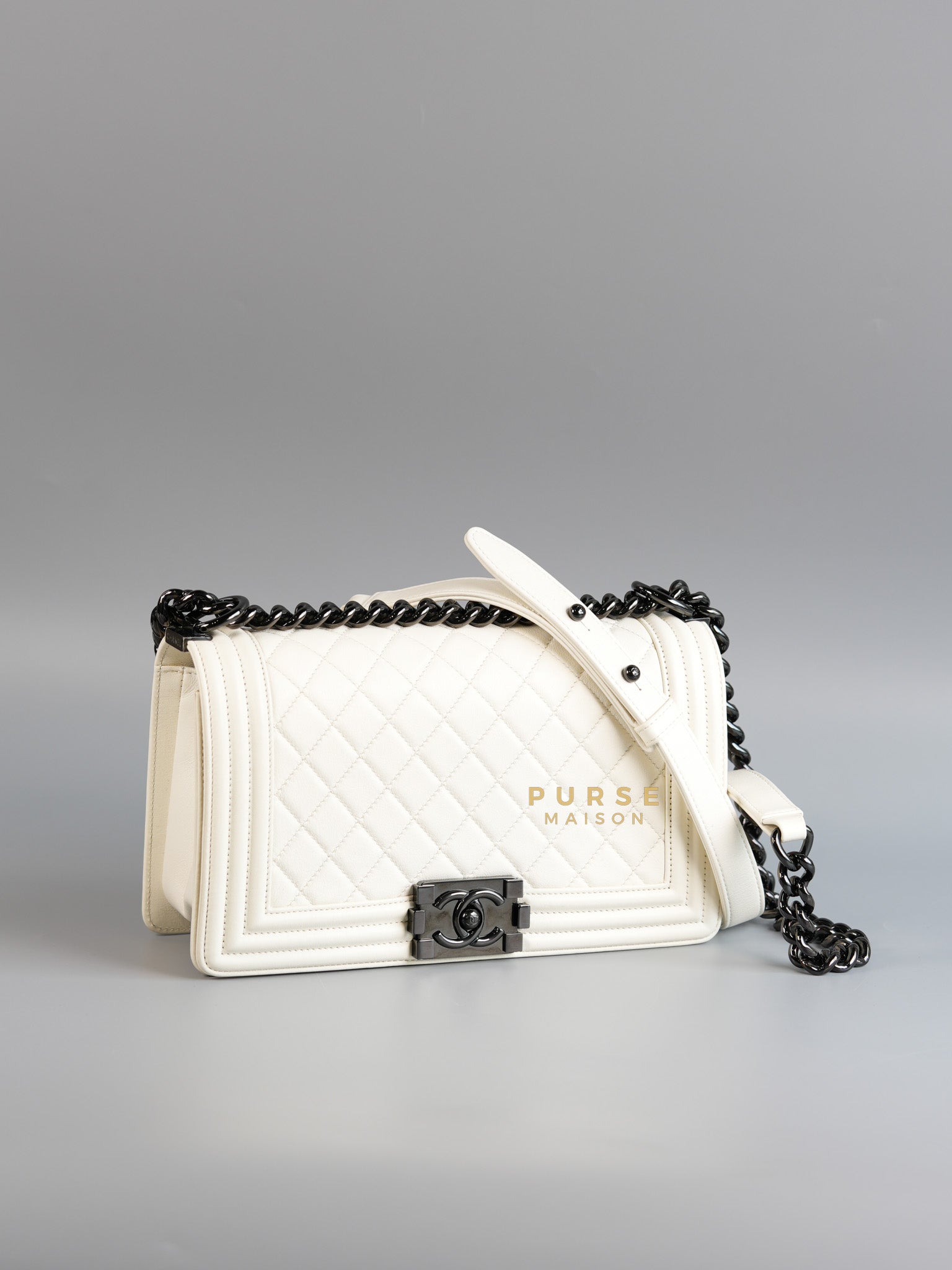 Boy Old Medium Calfskin White in So Black Hardware (Series 25) | Purse Maison Luxury Bags Shop