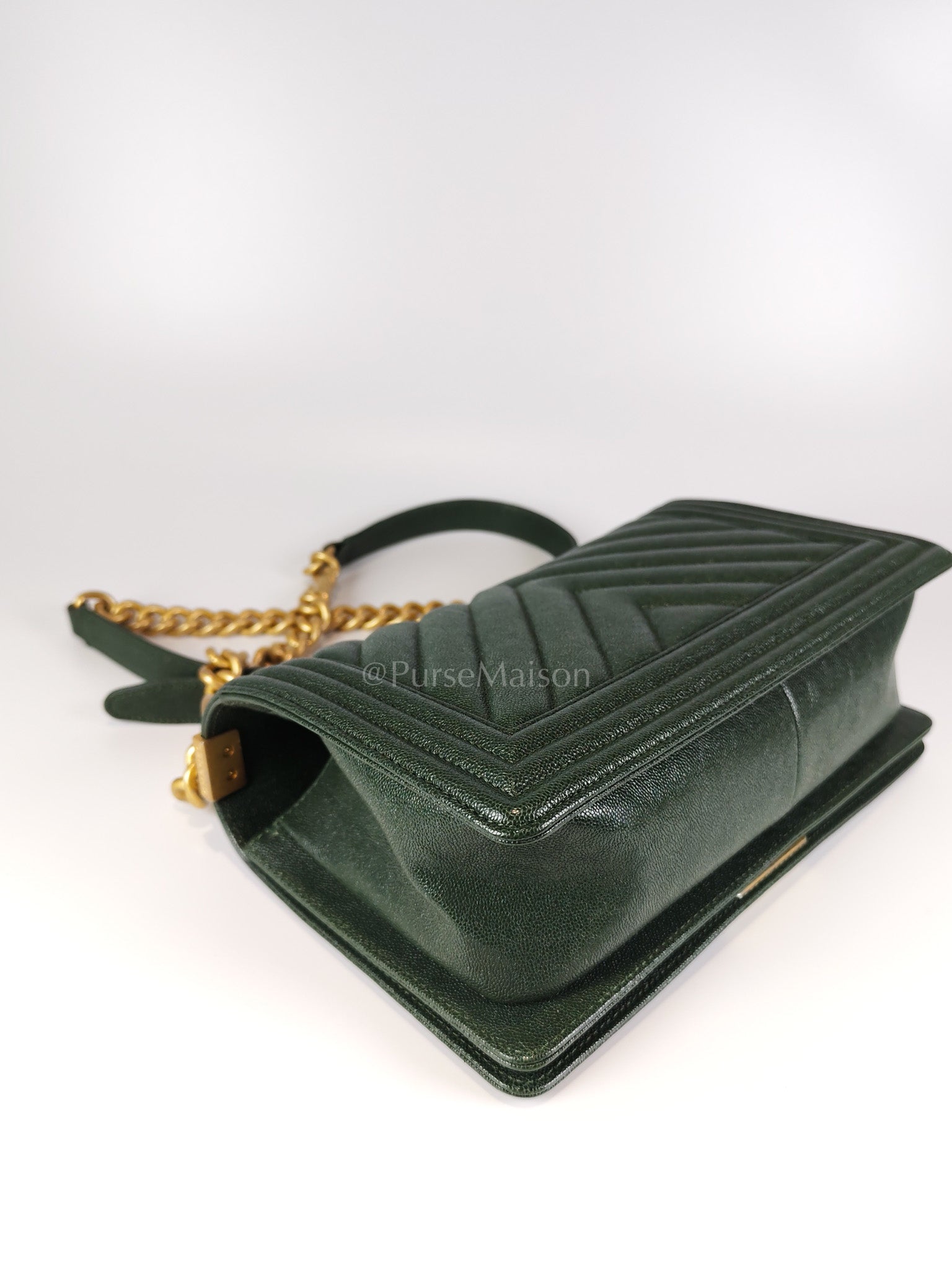 Boy Old Medium Chevron in Green Calfskin Leather and Aged Gold Hardware Series 26 | Purse Maison Luxury Bags Shop