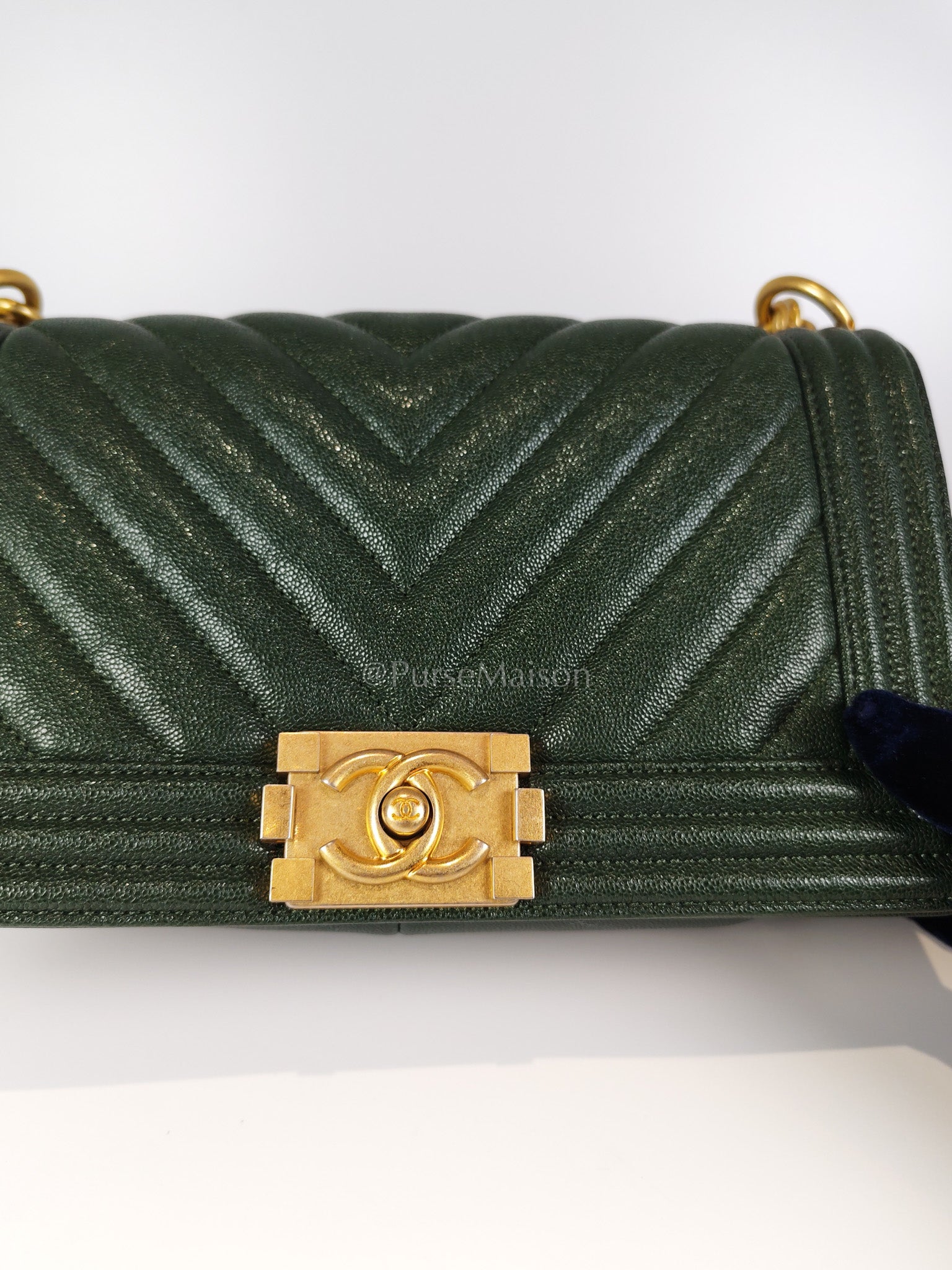Boy Old Medium Chevron in Green Calfskin Leather and Aged Gold Hardware Series 26 | Purse Maison Luxury Bags Shop