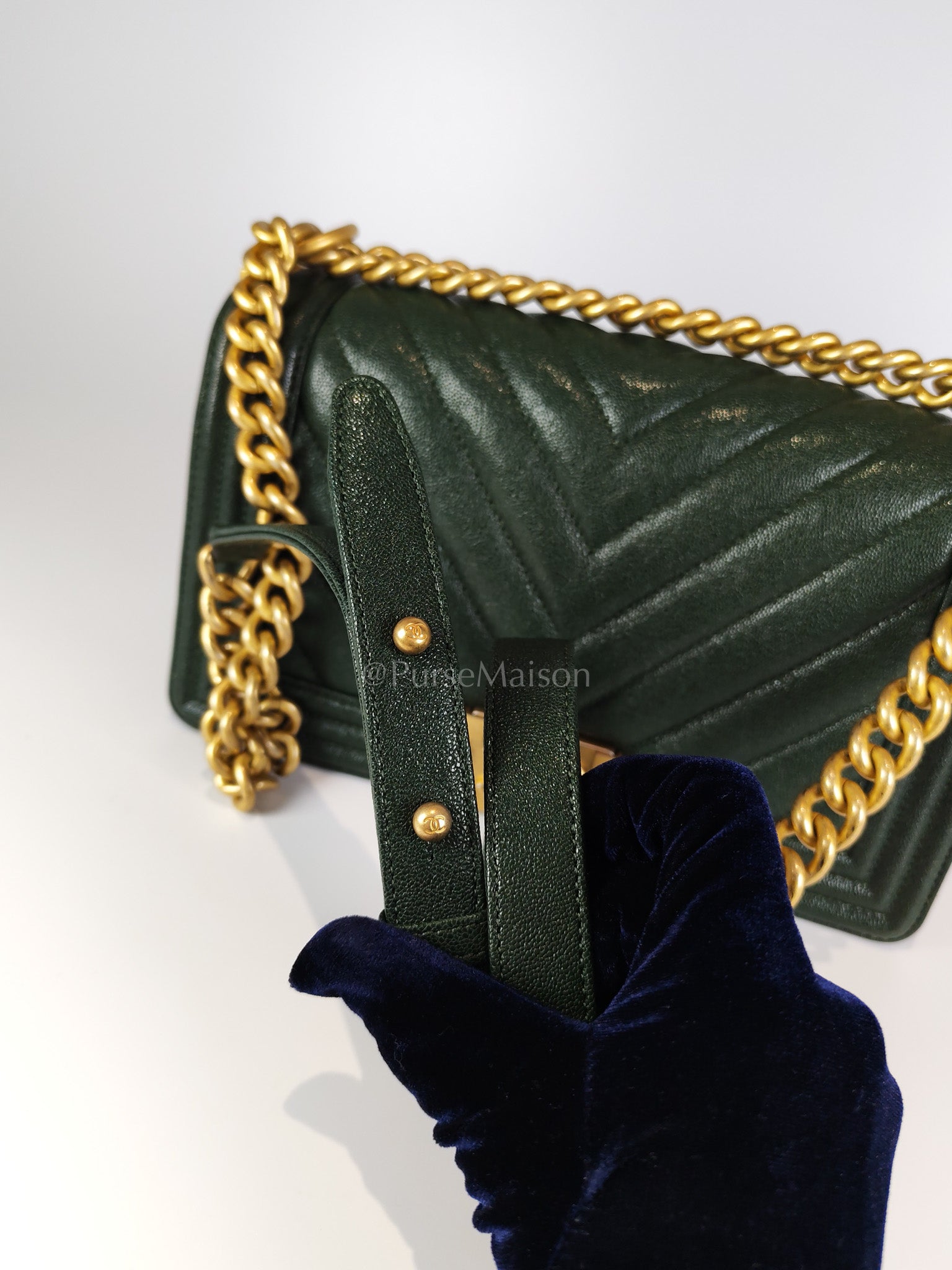 Boy Old Medium Chevron in Green Calfskin Leather and Aged Gold Hardware Series 26 | Purse Maison Luxury Bags Shop