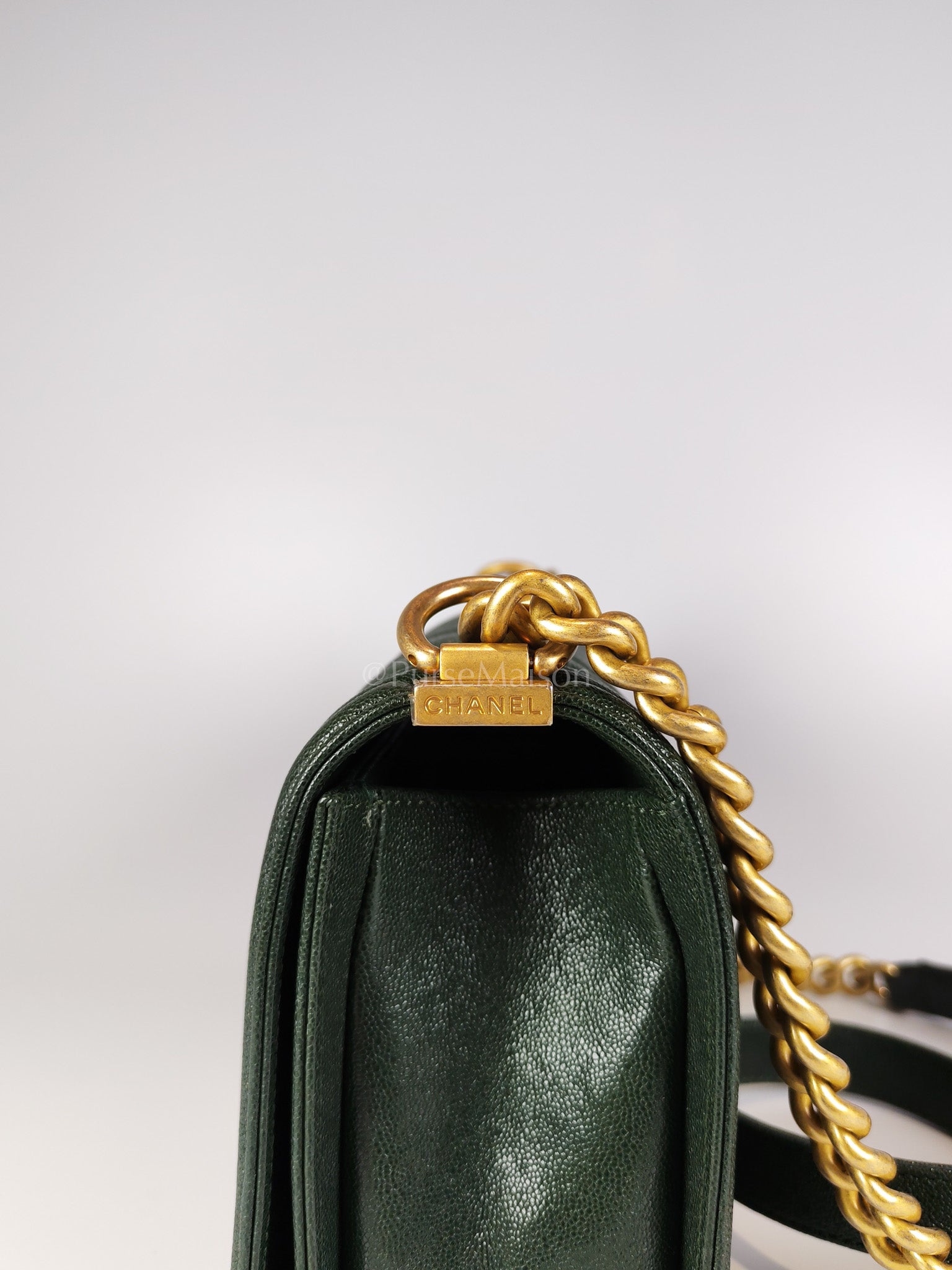Boy Old Medium Chevron in Green Calfskin Leather and Aged Gold Hardware Series 26 | Purse Maison Luxury Bags Shop