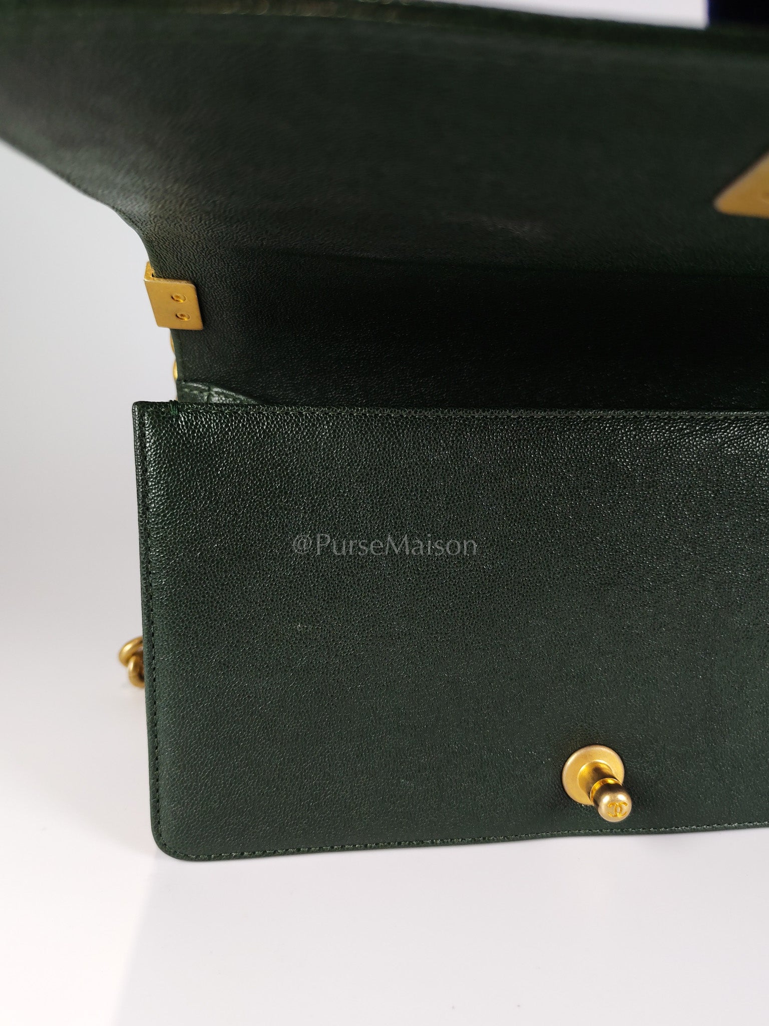 Boy Old Medium Chevron in Green Calfskin Leather and Aged Gold Hardware Series 26 | Purse Maison Luxury Bags Shop