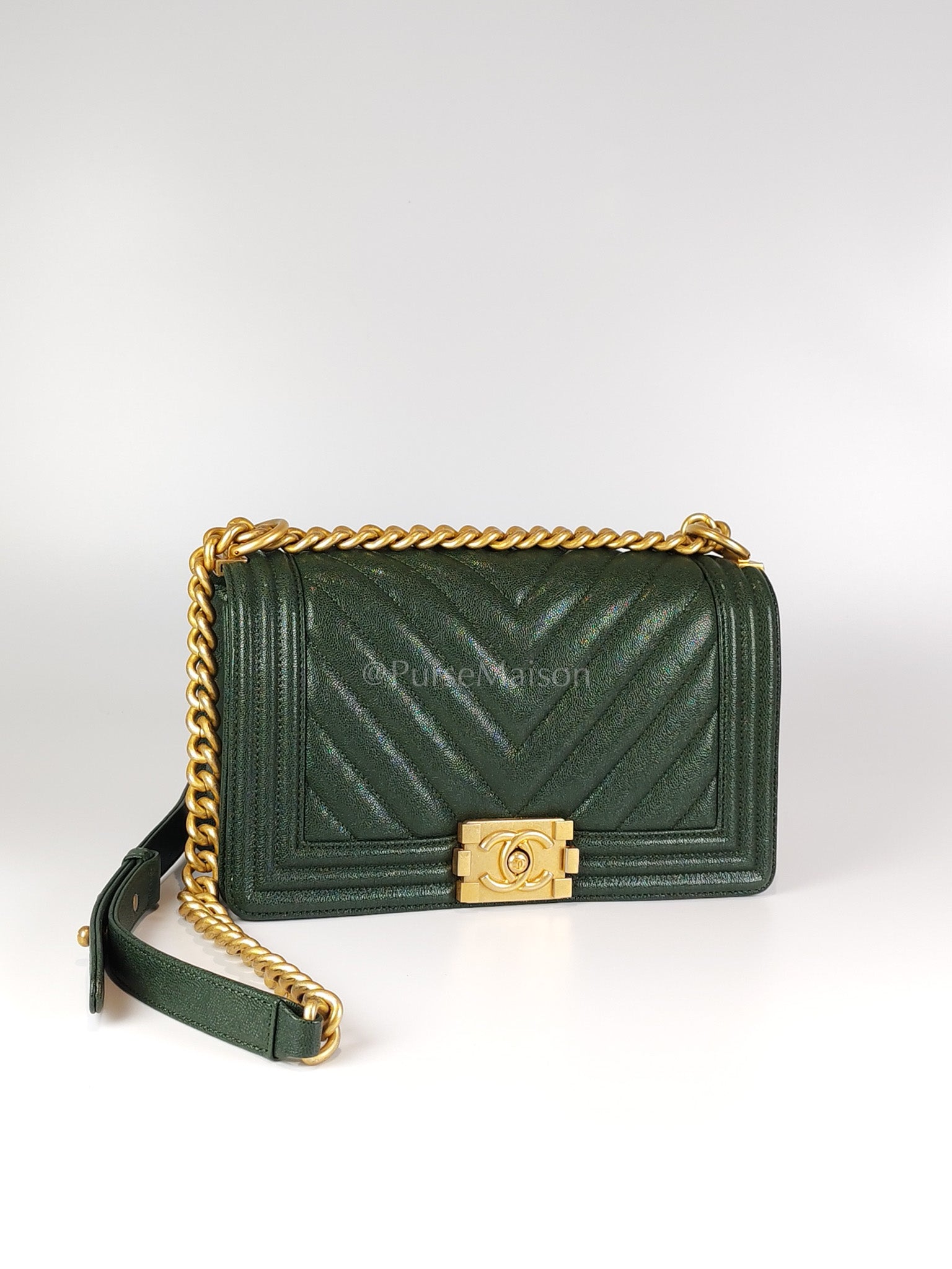 Boy Old Medium Chevron in Green Calfskin Leather and Aged Gold Hardware Series 26 | Purse Maison Luxury Bags Shop