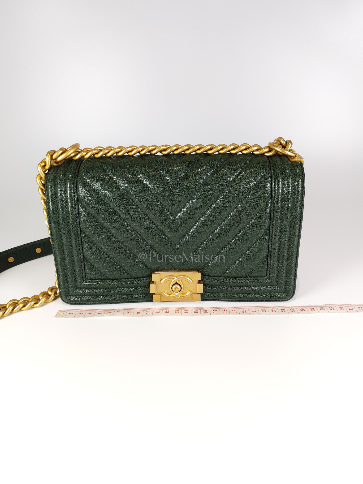 Boy Old Medium Chevron in Green Calfskin Leather and Aged Gold Hardware Series 26 | Purse Maison Luxury Bags Shop