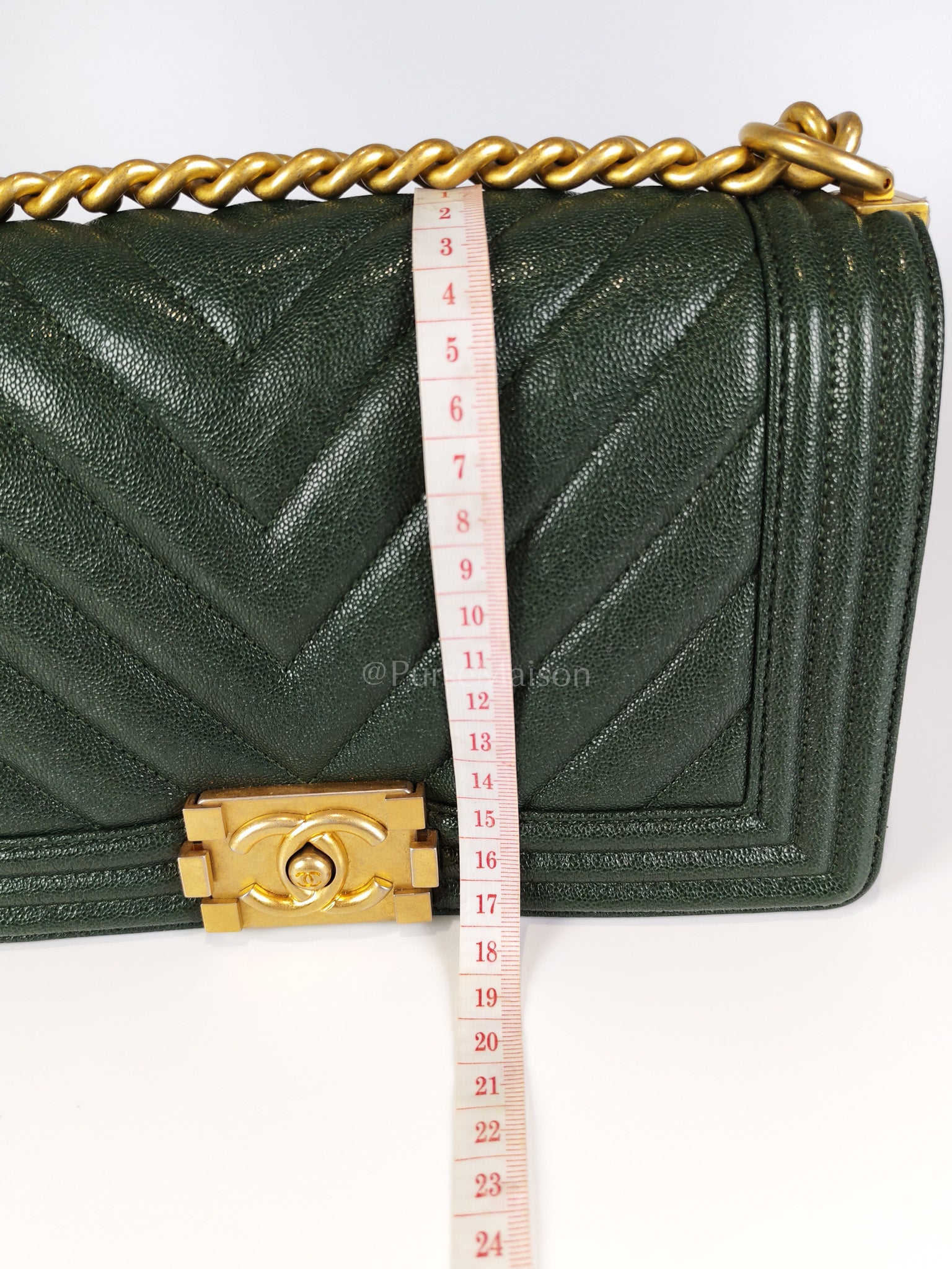 Boy Old Medium Chevron in Green Calfskin Leather and Aged Gold Hardware Series 26 | Purse Maison Luxury Bags Shop