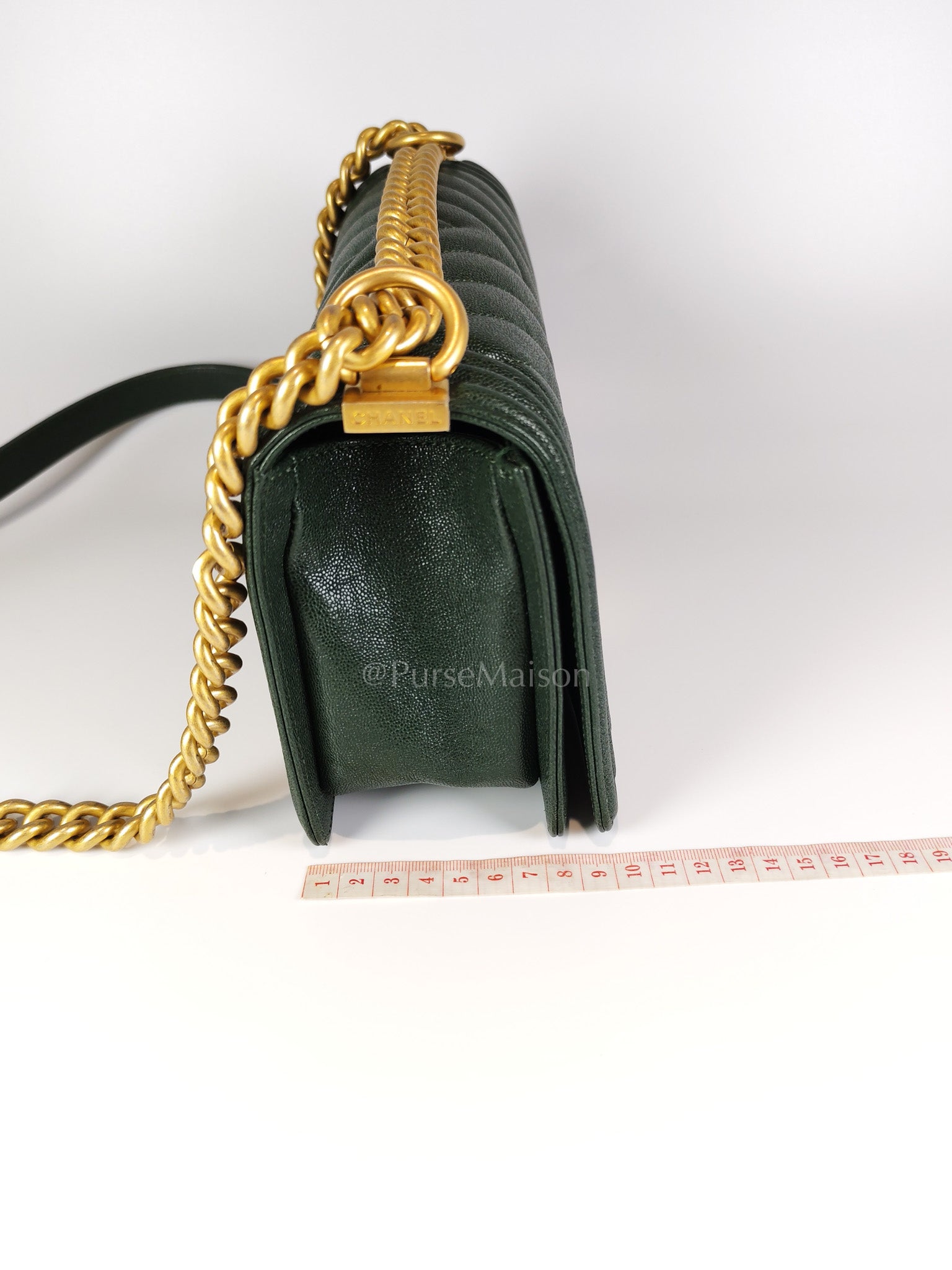 Boy Old Medium Chevron in Green Calfskin Leather and Aged Gold Hardware Series 26 | Purse Maison Luxury Bags Shop