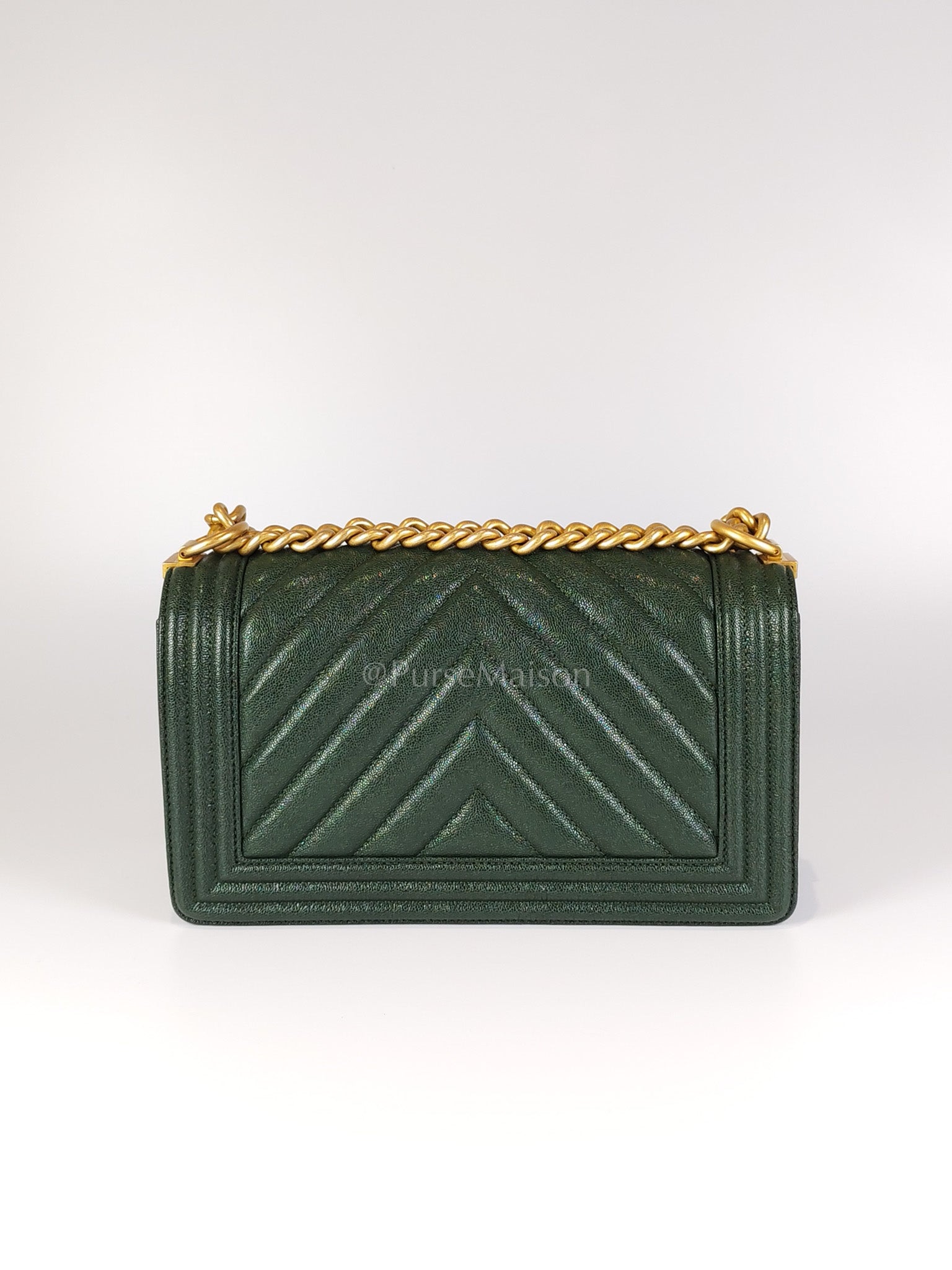 Boy Old Medium Chevron in Green Calfskin Leather and Aged Gold Hardware Series 26 | Purse Maison Luxury Bags Shop