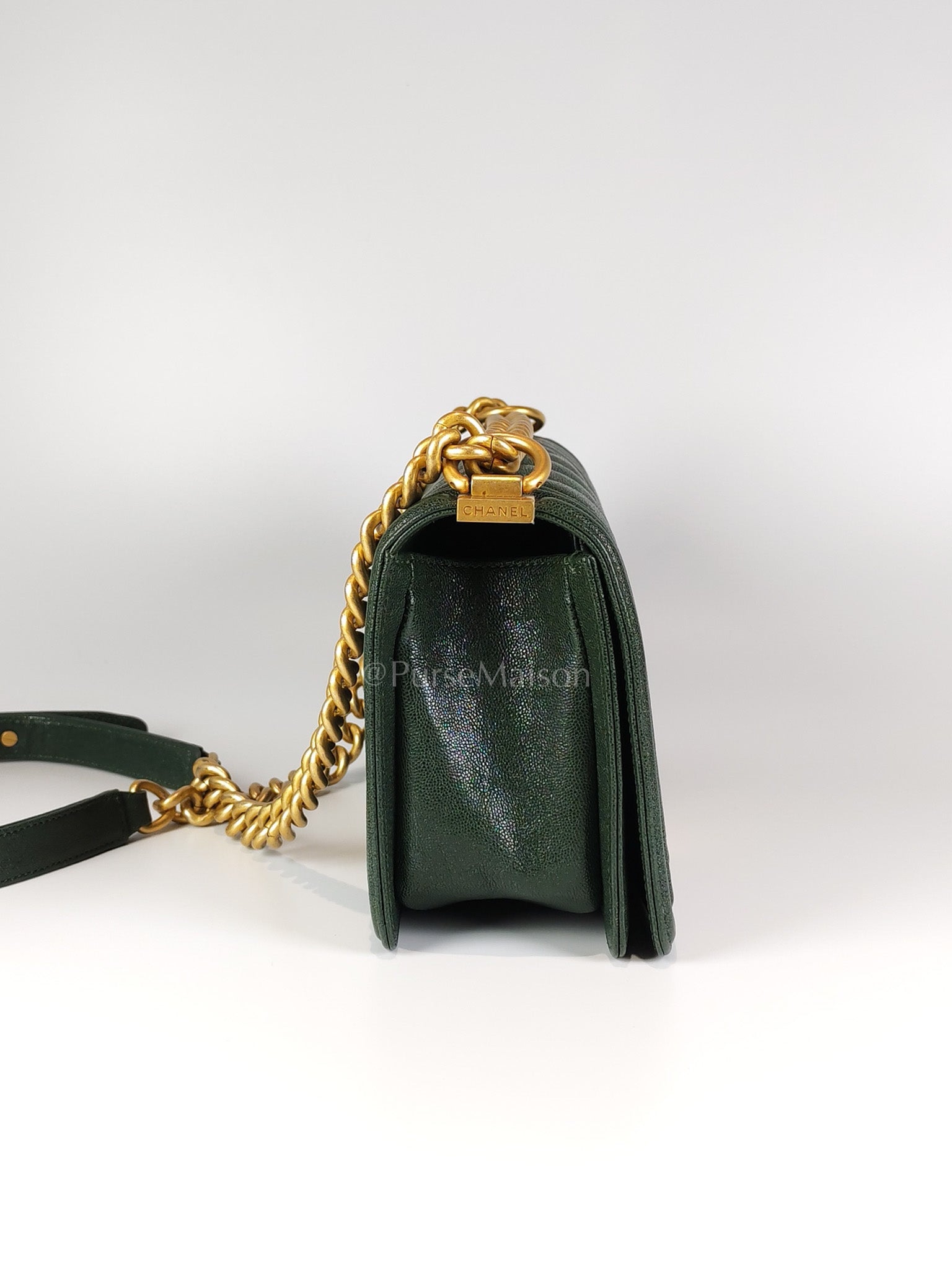 Boy Old Medium Chevron in Green Calfskin Leather and Aged Gold Hardware Series 26 | Purse Maison Luxury Bags Shop