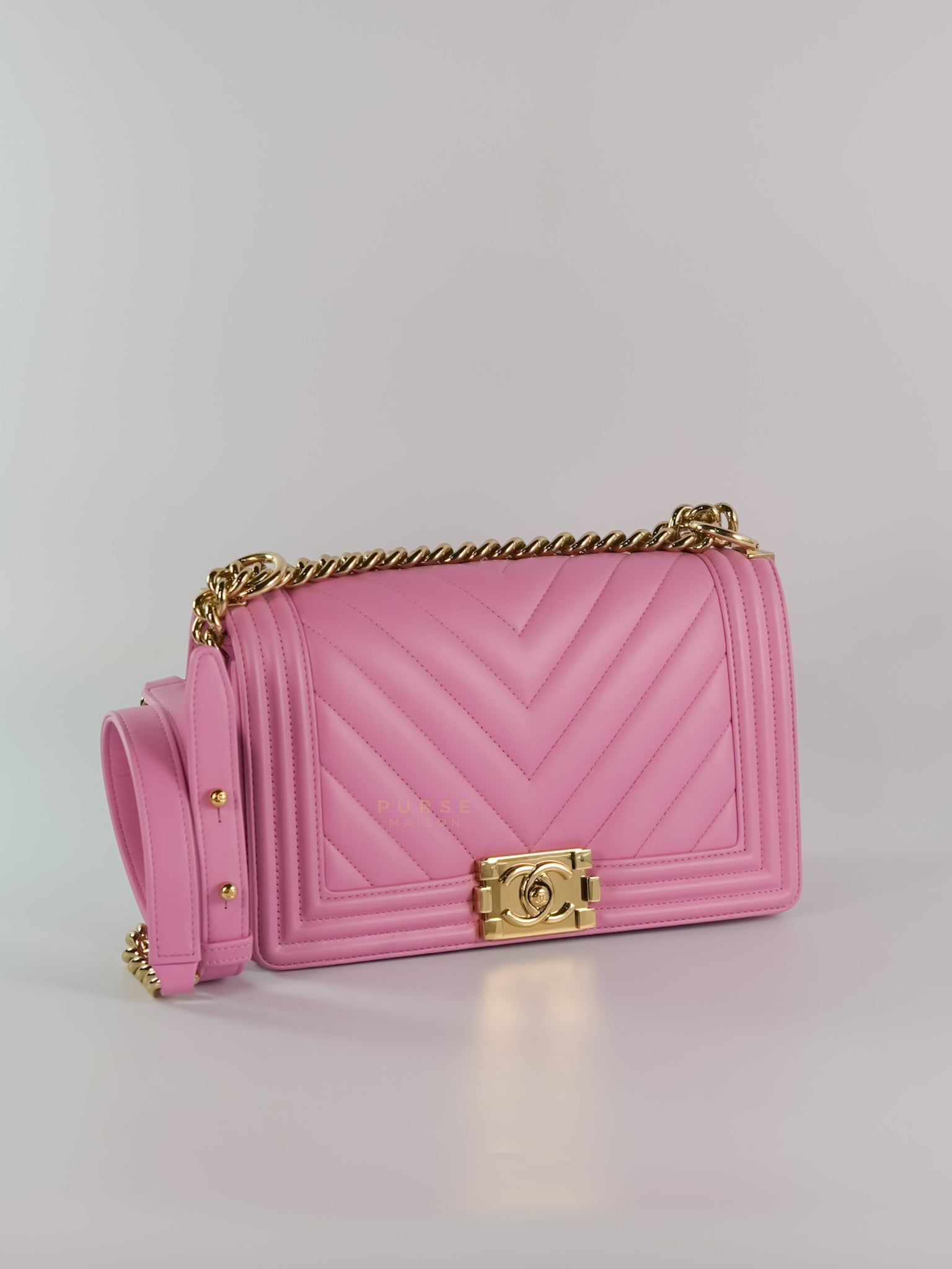 Boy Old Medium Chevron in Lambskin Leather and Light Gold Hardware (Microchip) | Purse Maison Luxury Bags Shop