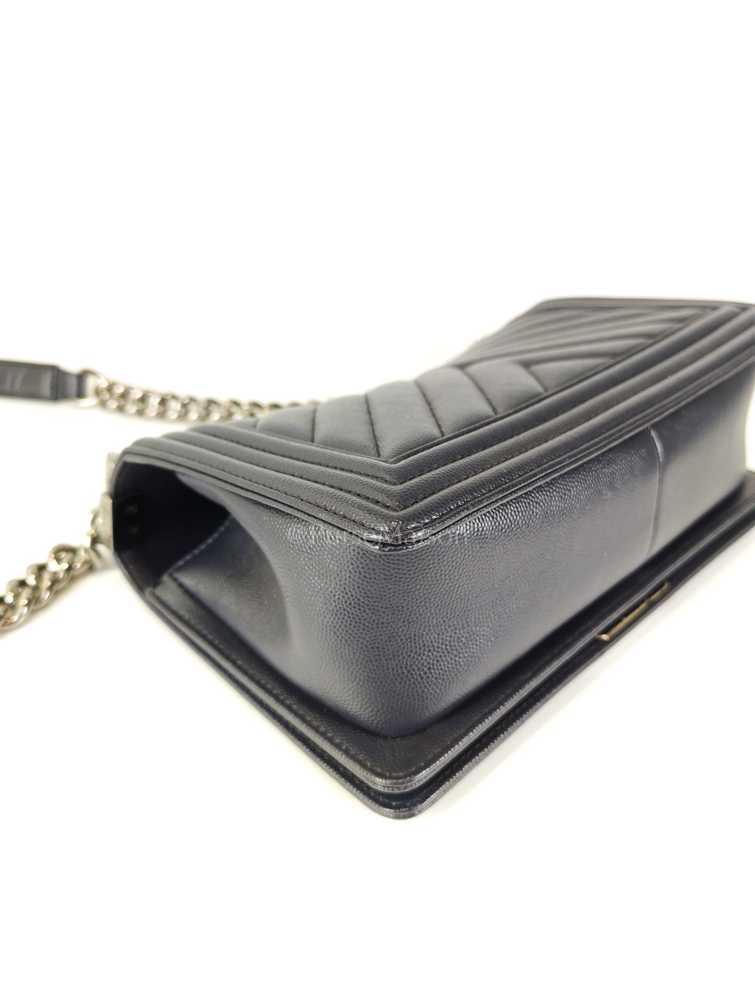 Boy Old Medium Chevron in Navy Blue Caviar Leather and Silver Hardware Series 25 | Purse Maison Luxury Bags Shop