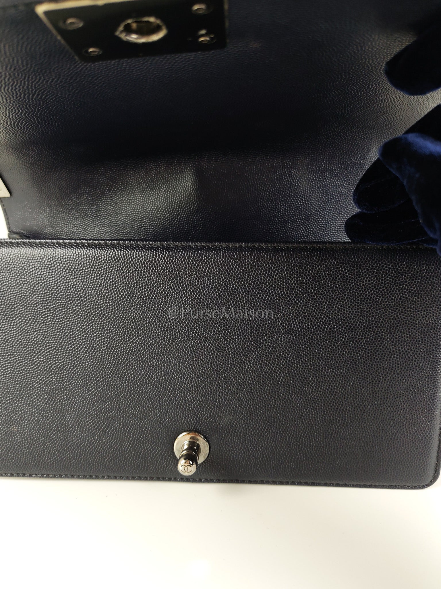 Boy Old Medium Chevron in Navy Blue Caviar Leather and Silver Hardware Series 25 | Purse Maison Luxury Bags Shop