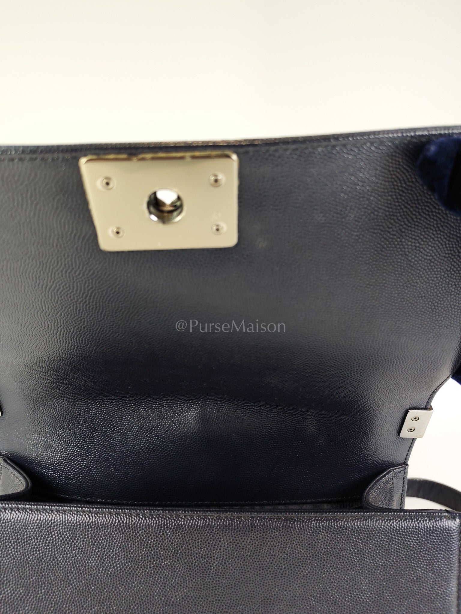 Boy Old Medium Chevron in Navy Blue Caviar Leather and Silver Hardware Series 25 | Purse Maison Luxury Bags Shop