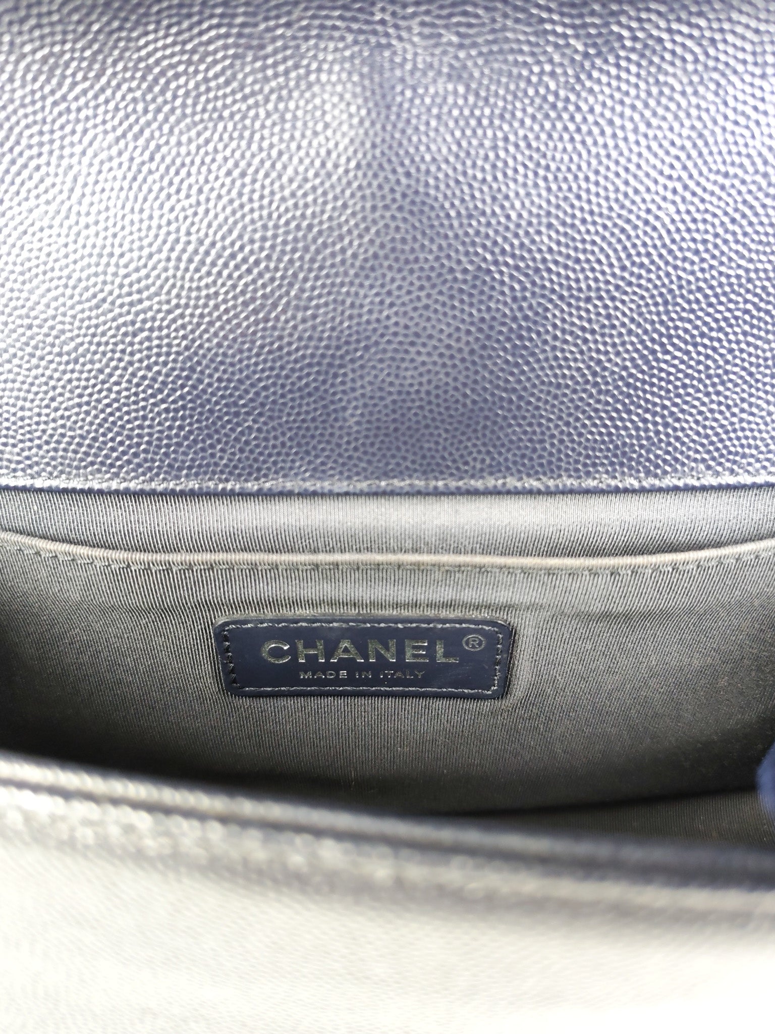 Boy Old Medium Chevron in Navy Blue Caviar Leather and Silver Hardware Series 25 | Purse Maison Luxury Bags Shop