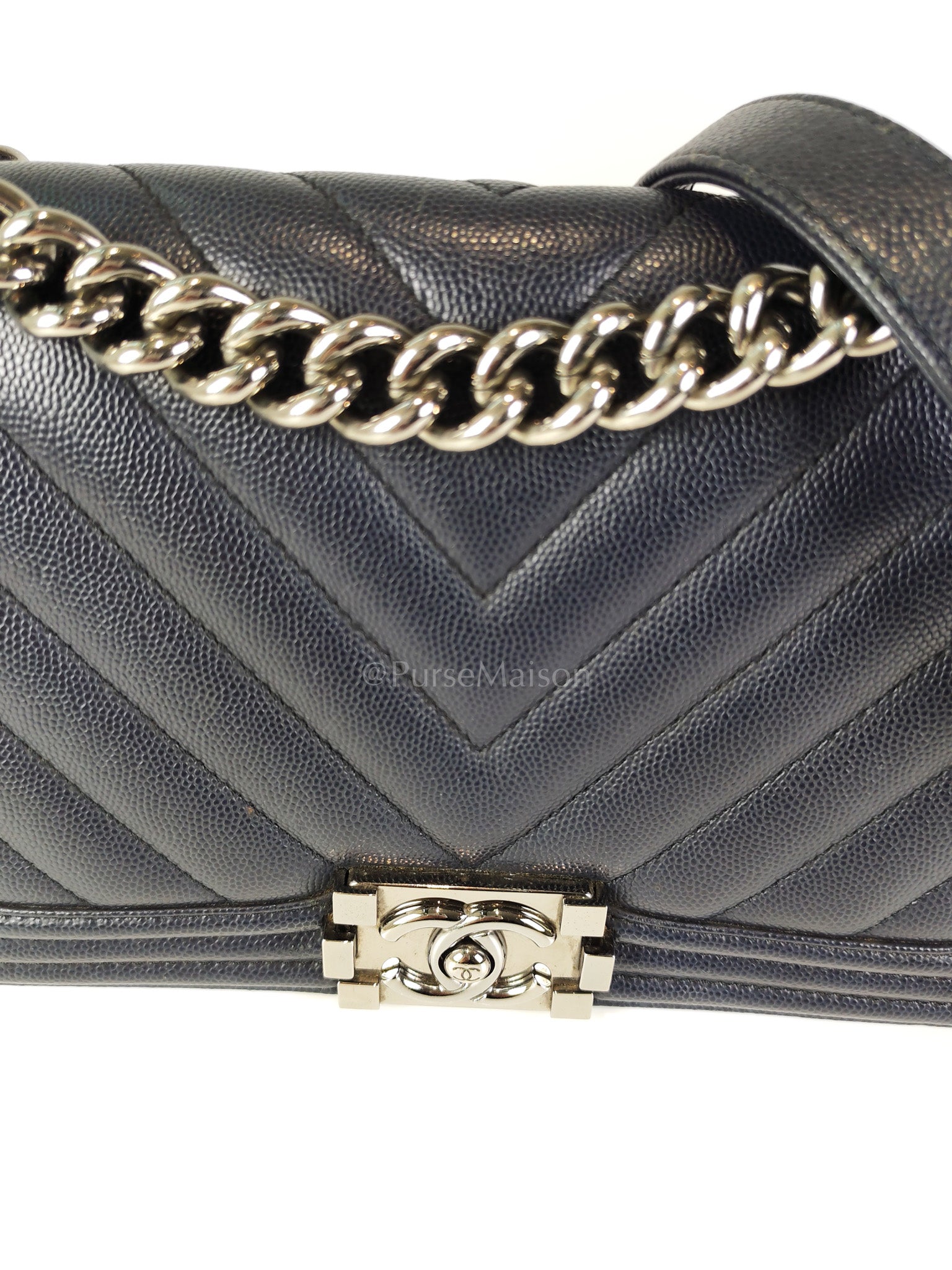 Boy Old Medium Chevron in Navy Blue Caviar Leather and Silver Hardware Series 25 | Purse Maison Luxury Bags Shop