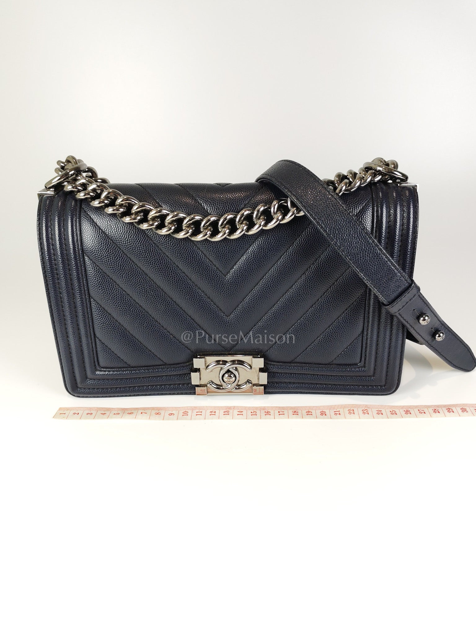 Boy Old Medium Chevron in Navy Blue Caviar Leather and Silver Hardware Series 25 | Purse Maison Luxury Bags Shop