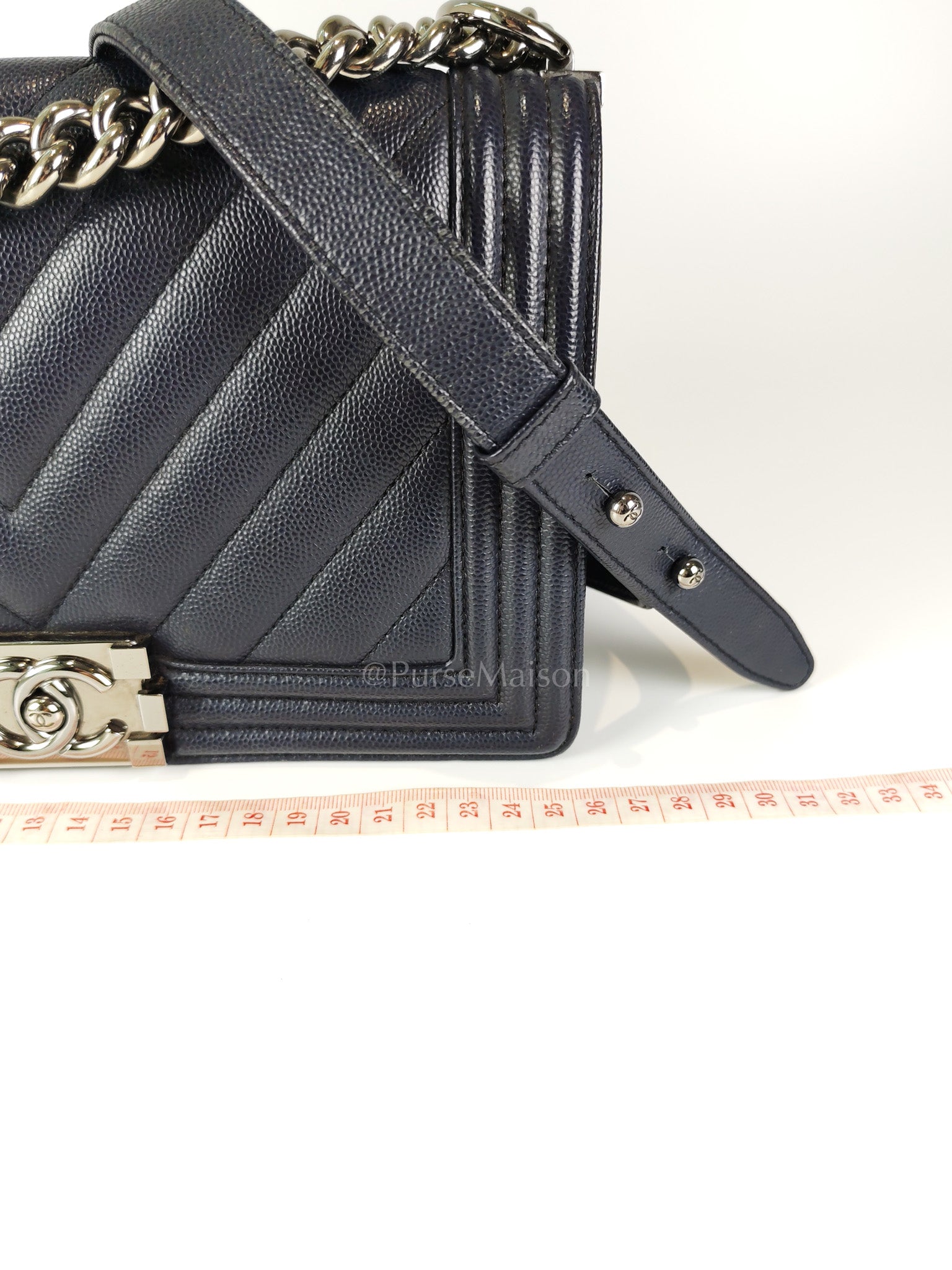 Boy Old Medium Chevron in Navy Blue Caviar Leather and Silver Hardware Series 25 | Purse Maison Luxury Bags Shop