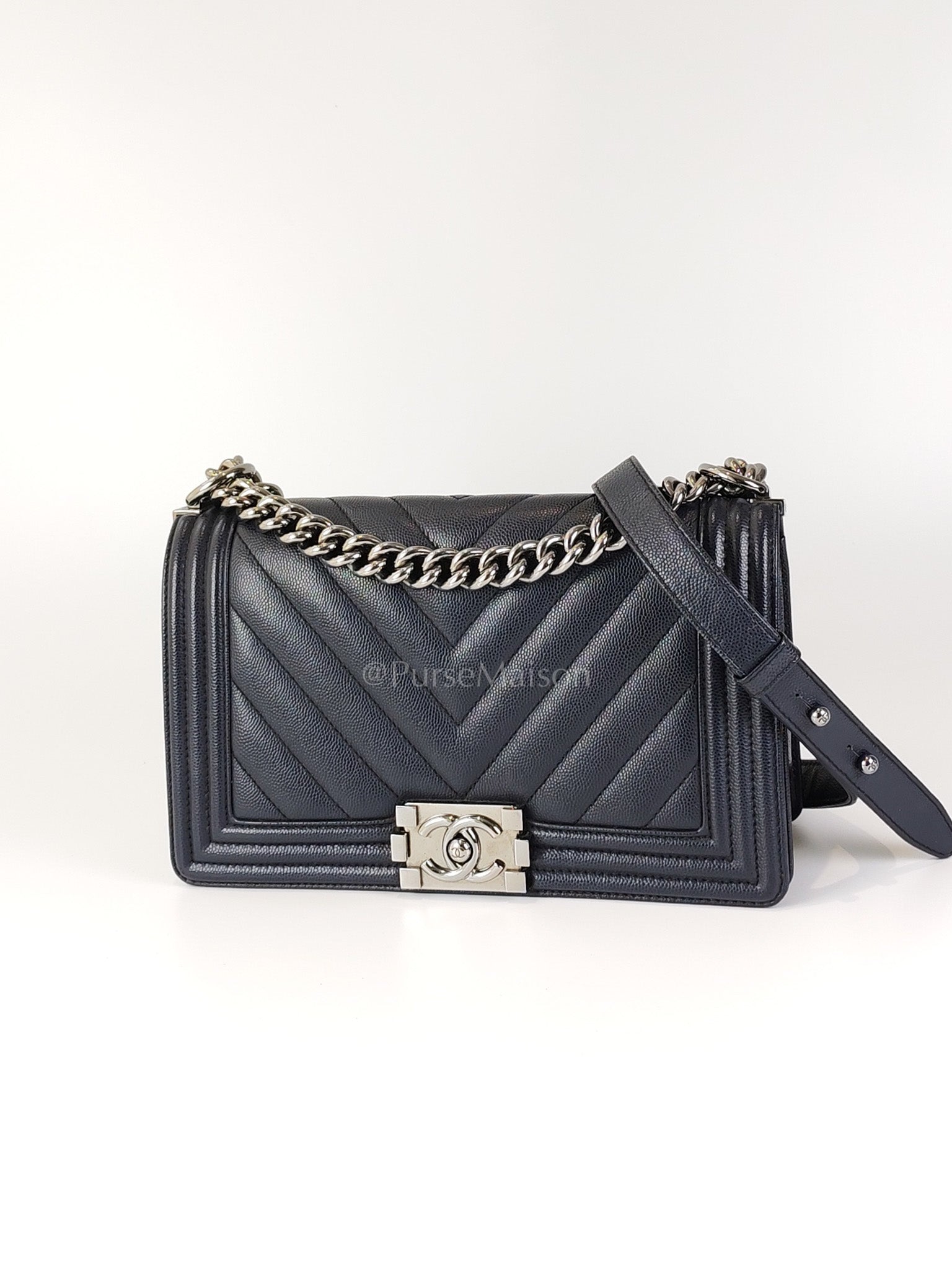 Boy Old Medium Chevron in Navy Blue Caviar Leather and Silver Hardware Series 25 | Purse Maison Luxury Bags Shop