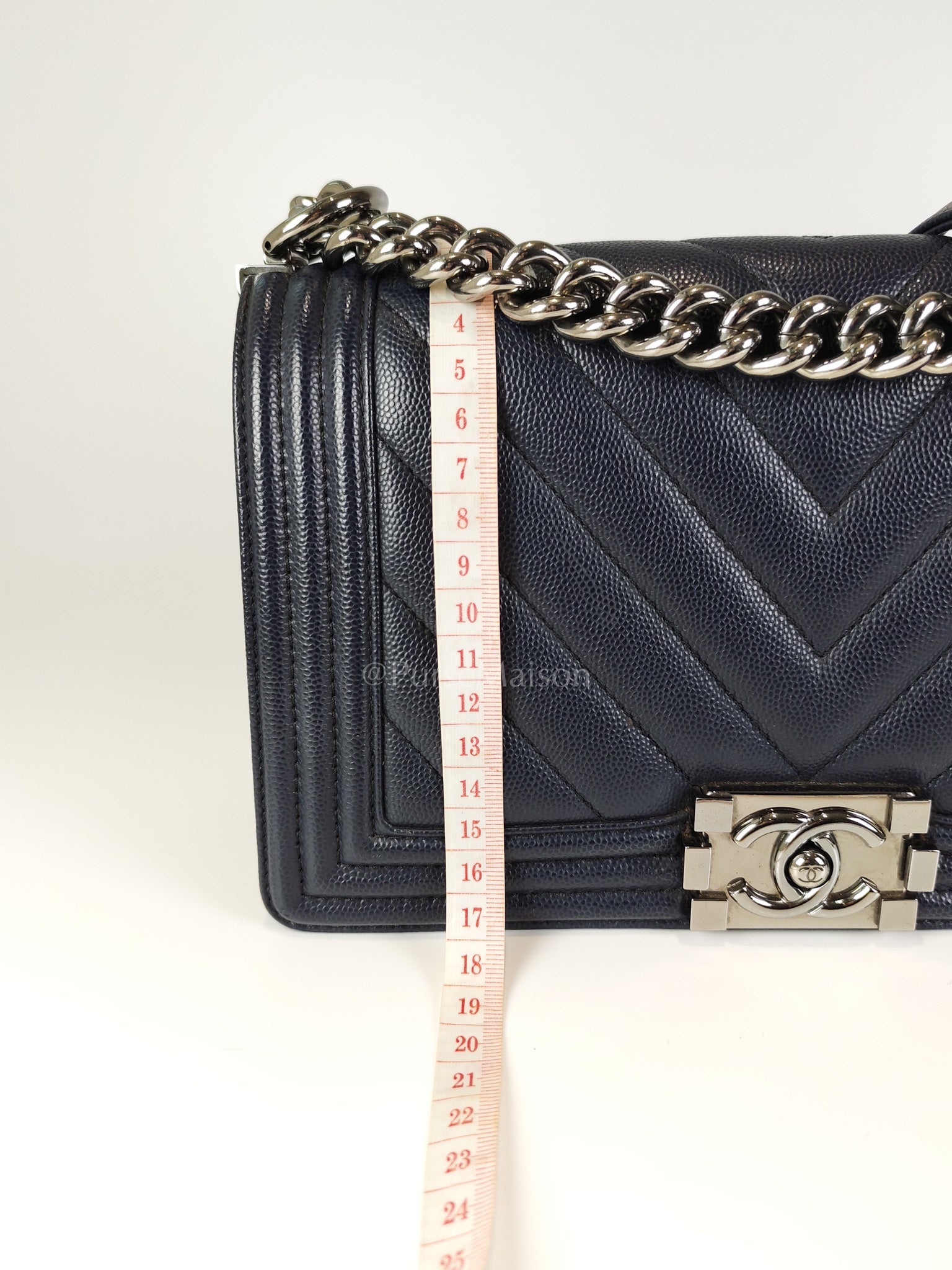 Boy Old Medium Chevron in Navy Blue Caviar Leather and Silver Hardware Series 25 | Purse Maison Luxury Bags Shop