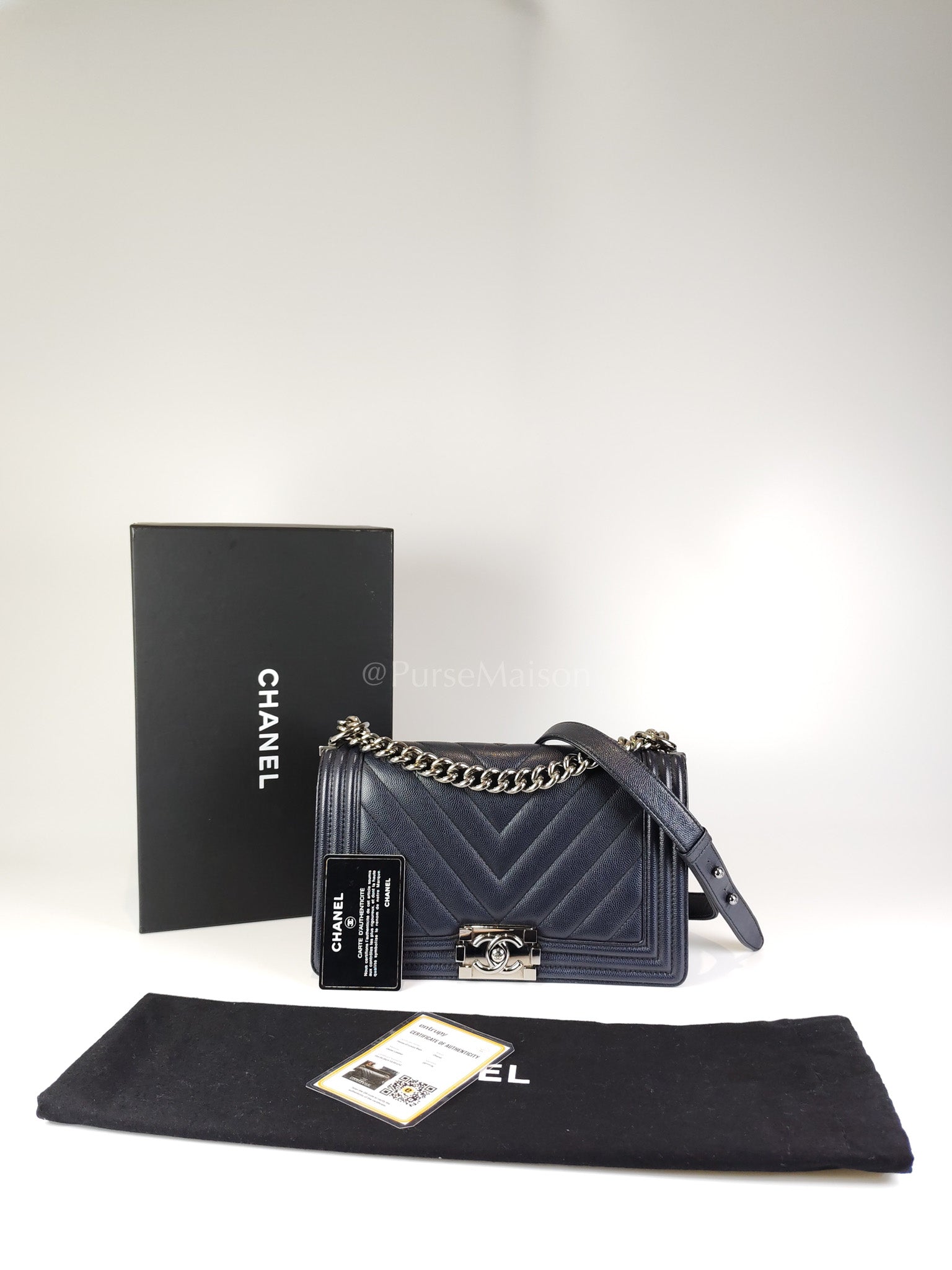 Boy Old Medium Chevron in Navy Blue Caviar Leather and Silver Hardware Series 25 | Purse Maison Luxury Bags Shop