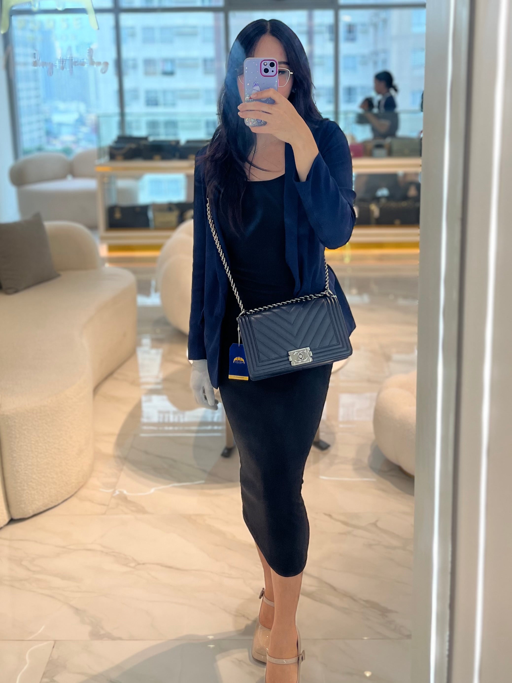 Boy Old Medium Chevron in Navy Blue Caviar Leather and Silver Hardware Series 25 | Purse Maison Luxury Bags Shop