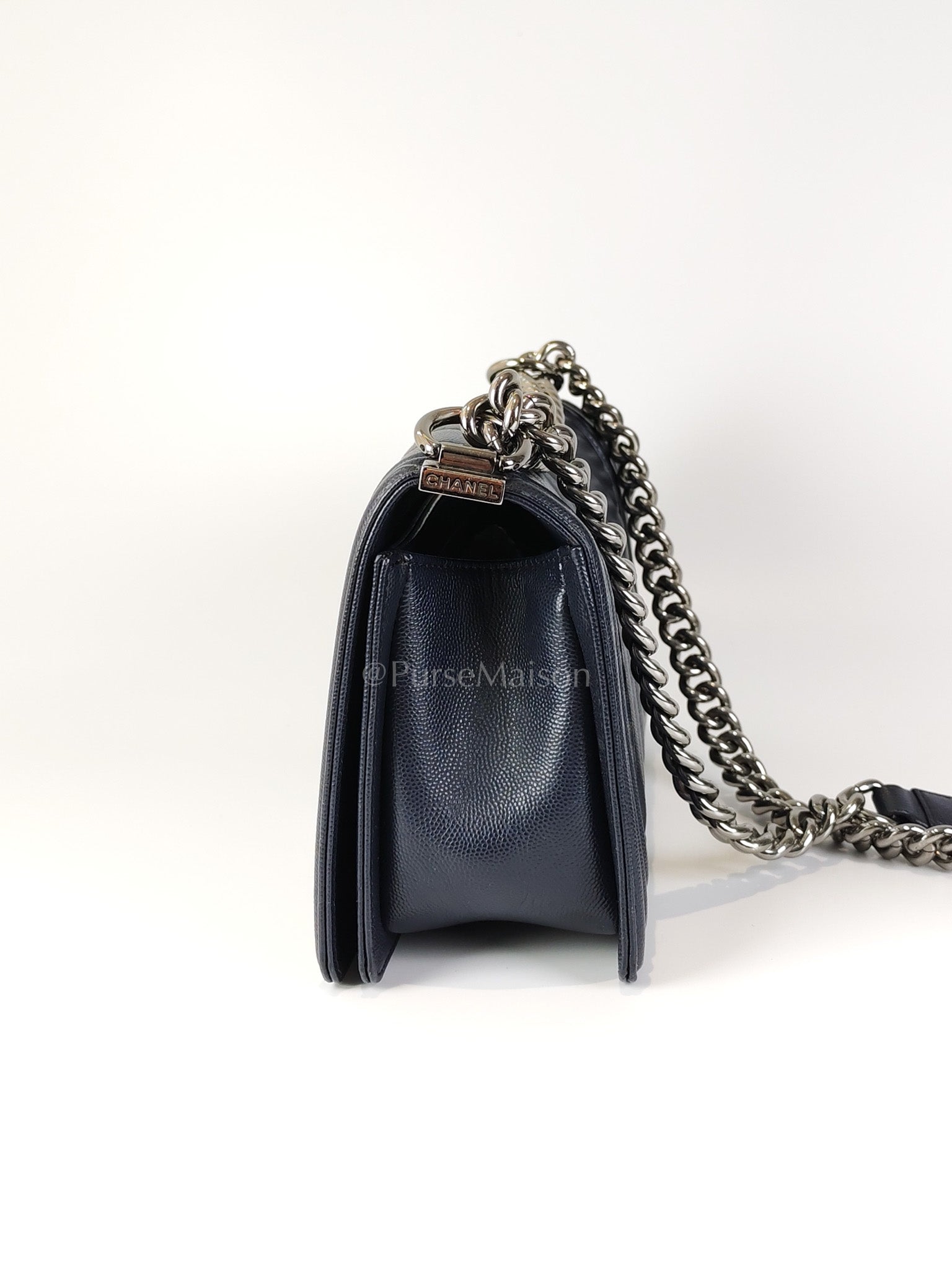 Boy Old Medium Chevron in Navy Blue Caviar Leather and Silver Hardware Series 25 | Purse Maison Luxury Bags Shop