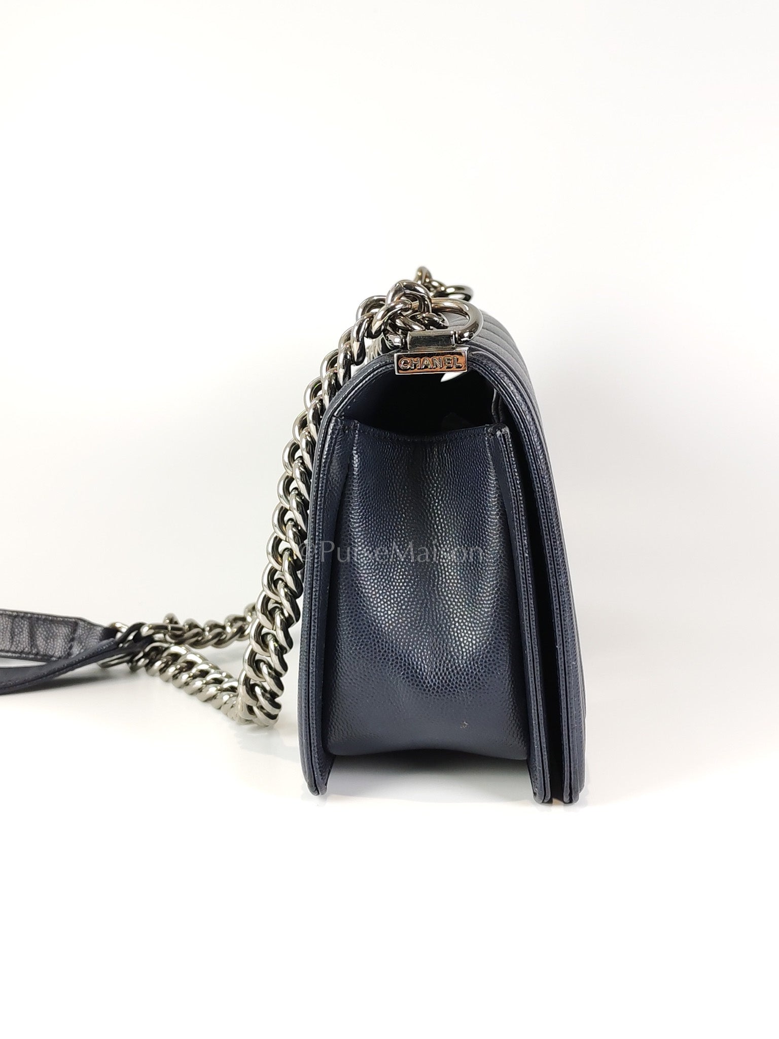 Boy Old Medium Chevron in Navy Blue Caviar Leather and Silver Hardware Series 25 | Purse Maison Luxury Bags Shop