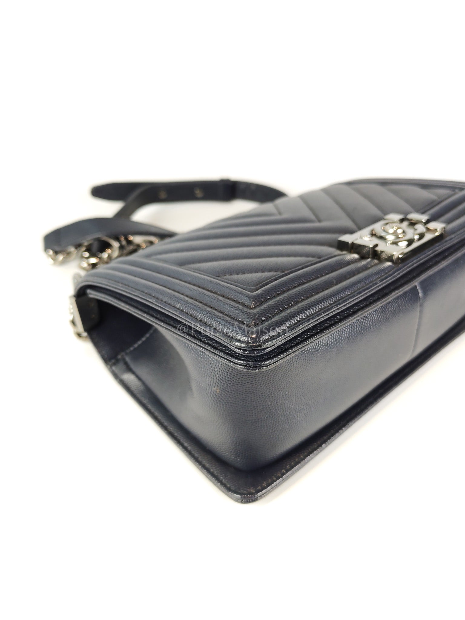 Boy Old Medium Chevron in Navy Blue Caviar Leather and Silver Hardware Series 25 | Purse Maison Luxury Bags Shop