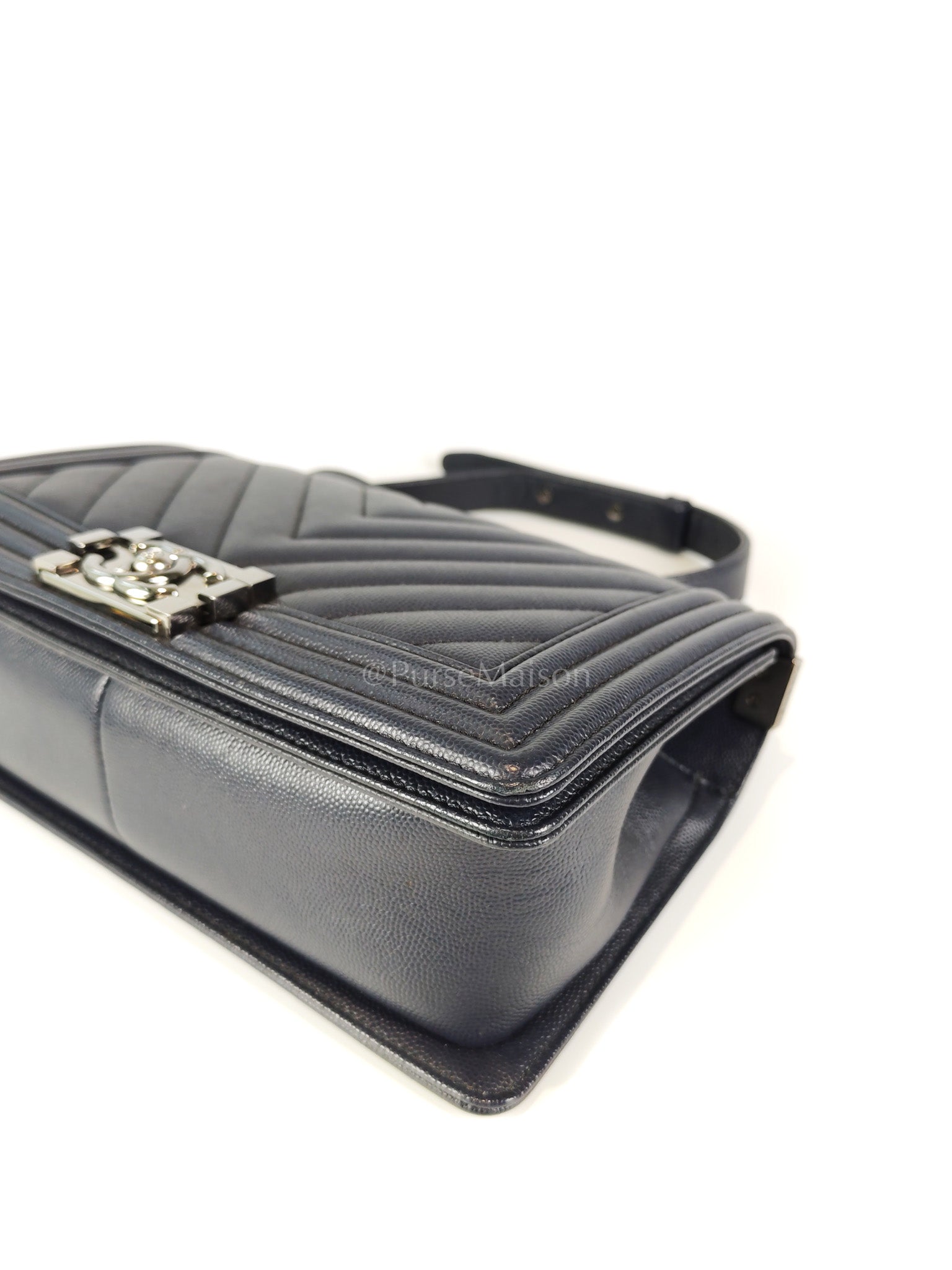 Boy Old Medium Chevron in Navy Blue Caviar Leather and Silver Hardware Series 25 | Purse Maison Luxury Bags Shop