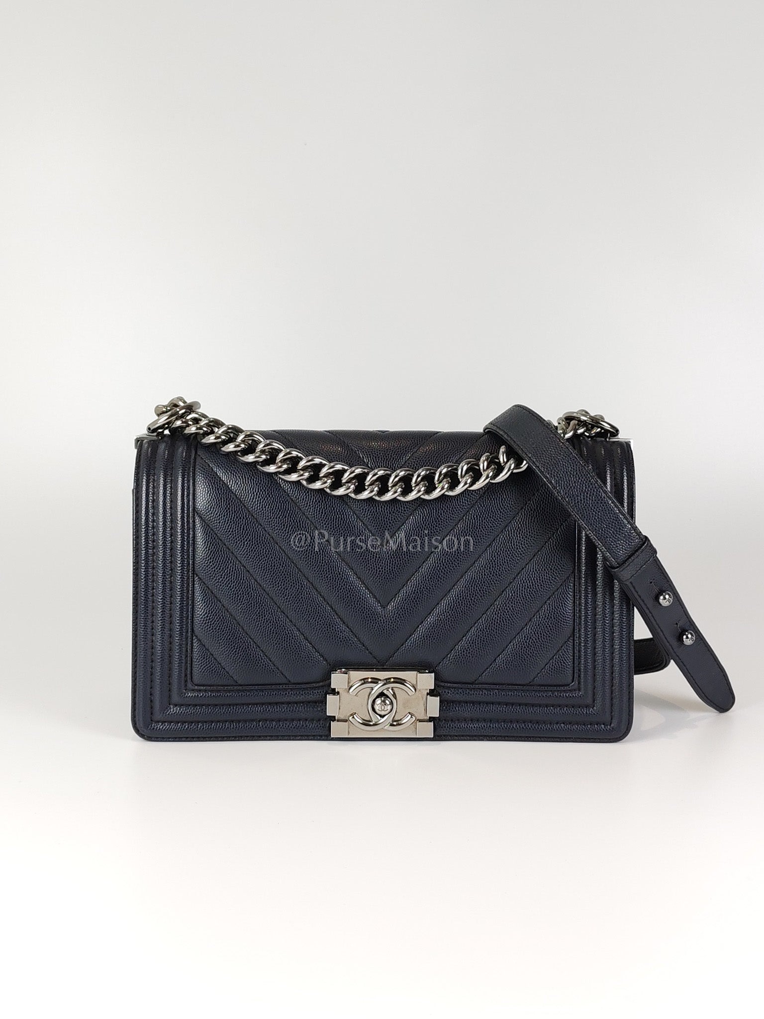 Boy Old Medium Chevron in Navy Blue Caviar Leather and Silver Hardware Series 25 | Purse Maison Luxury Bags Shop