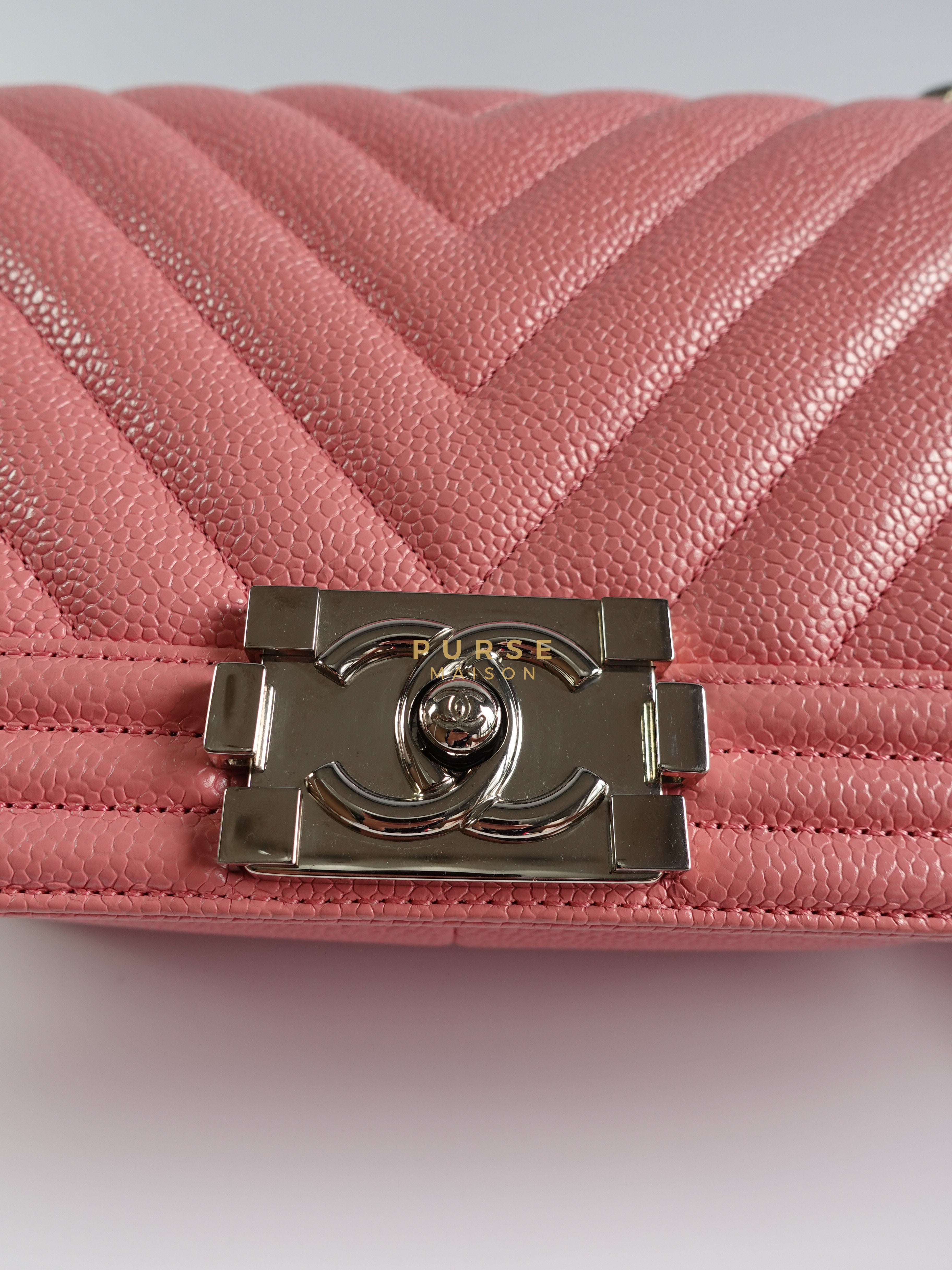 Boy Old Medium Chevron Pink Caviar Leather and Silver Hardware Series 29 | Purse Maison Luxury Bags Shop