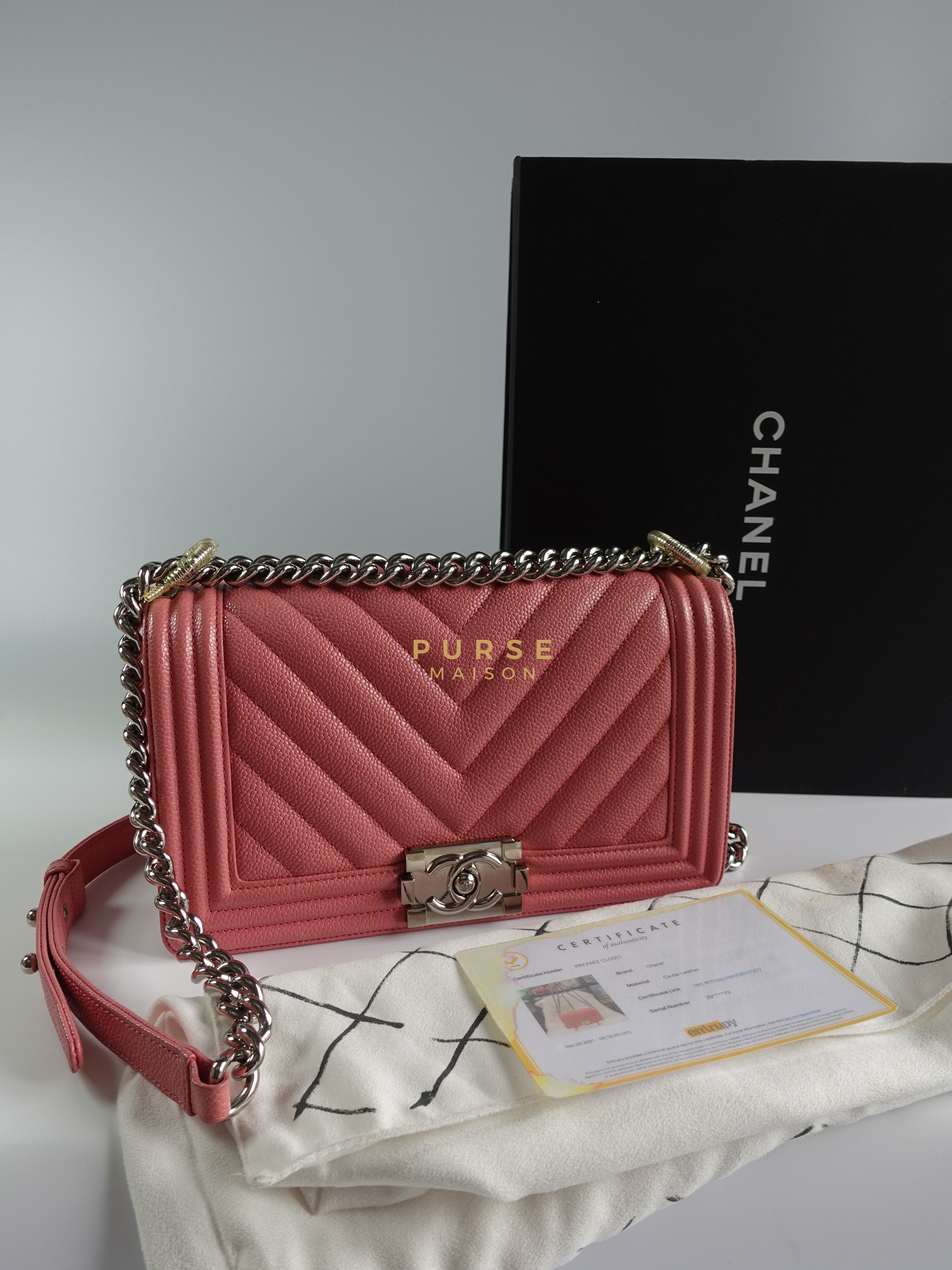 Boy Medium in Sakura Pink Chevron Caviar Leather and Silver