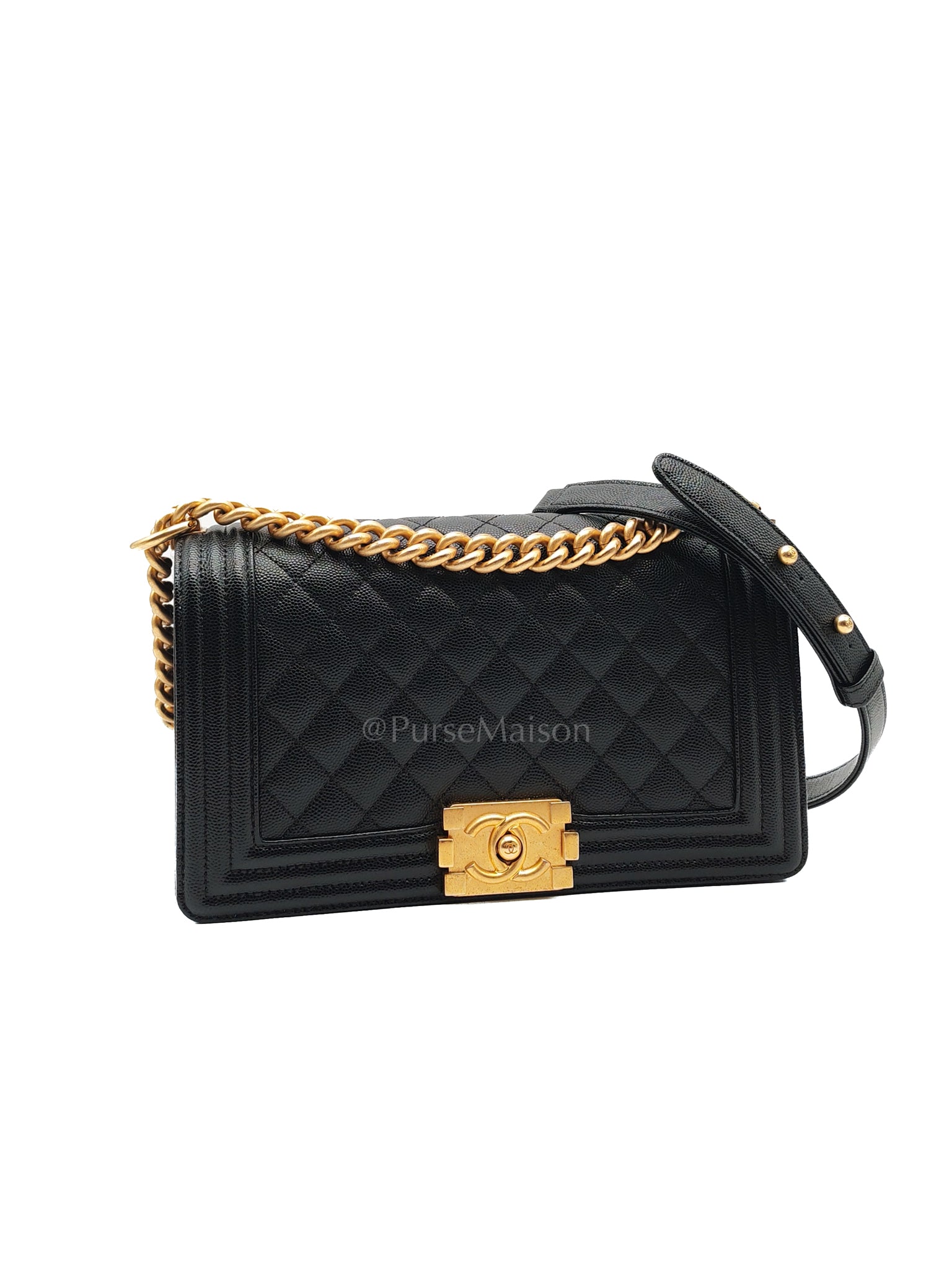 Boy Old Medium in Black Caviar Leather and Aged Gold Hardware (Microchip) | Purse Maison Luxury Bags Shop
