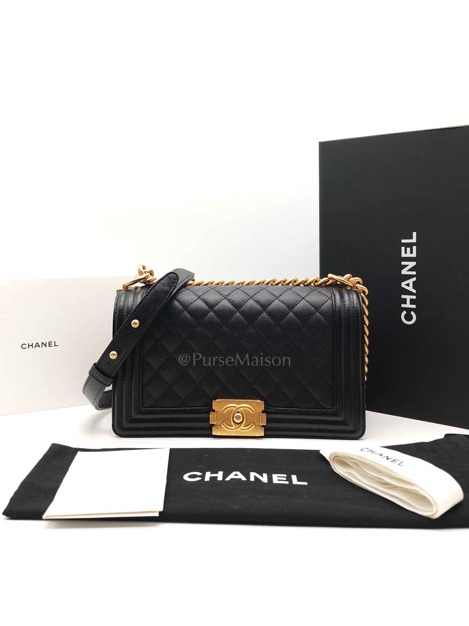 Boy Old Medium in Black Caviar Leather and Aged Gold Hardware (Microchip) | Purse Maison Luxury Bags Shop