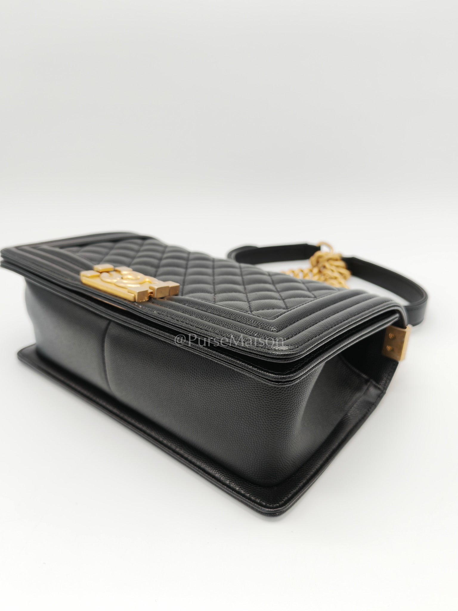 Boy Old Medium in Black Caviar Leather and Aged Gold Hardware Microchip Year 2022 | Purse Maison Luxury Bags Shop