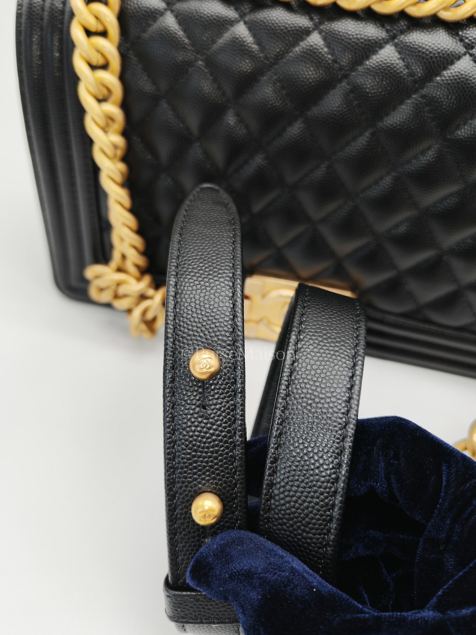 Boy Old Medium in Black Caviar Leather and Aged Gold Hardware Microchip Year 2022 | Purse Maison Luxury Bags Shop