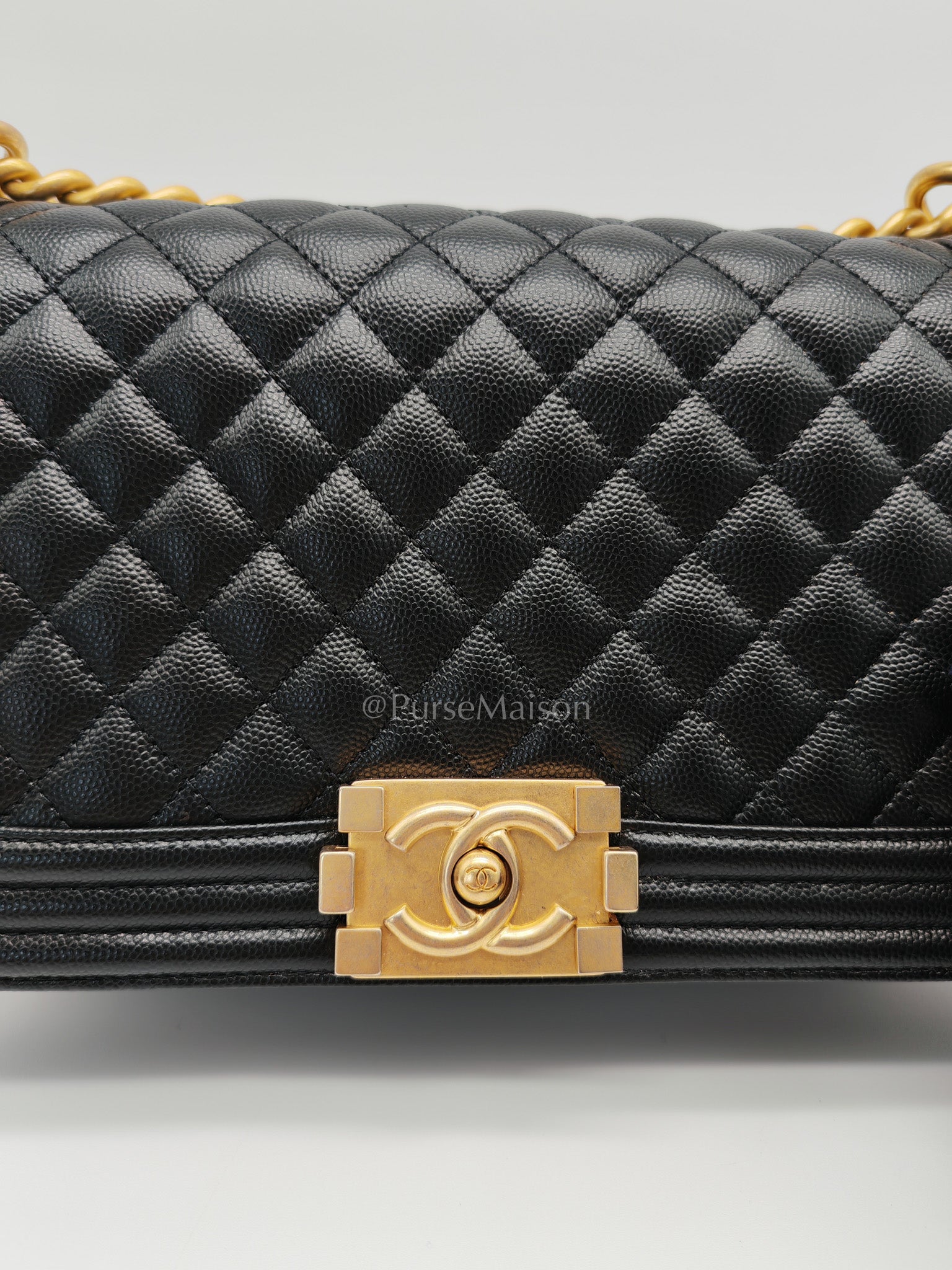 Boy Old Medium in Black Caviar Leather and Aged Gold Hardware Microchip Year 2022 | Purse Maison Luxury Bags Shop