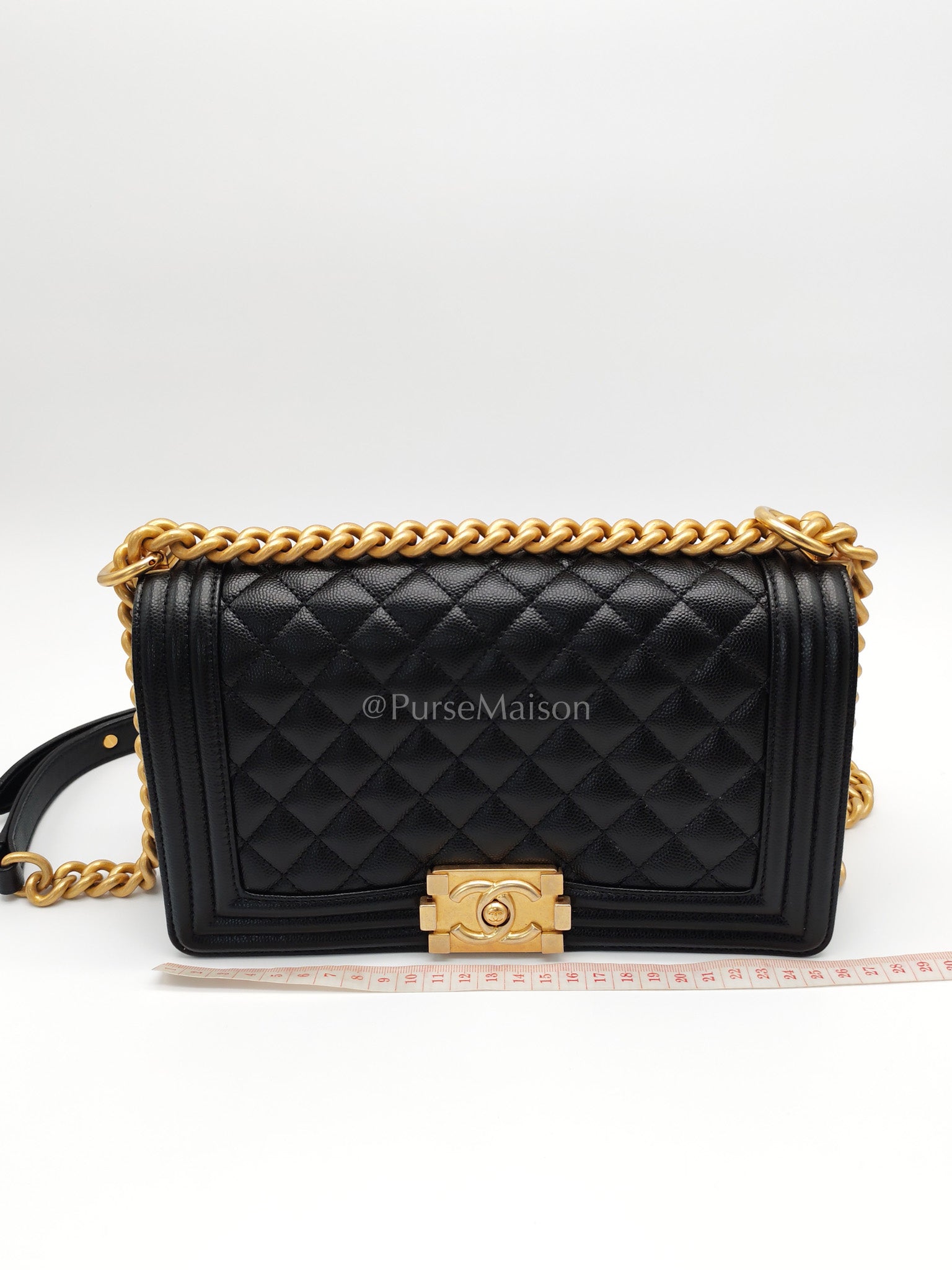 Boy Old Medium in Black Caviar Leather and Aged Gold Hardware Microchip Year 2022 | Purse Maison Luxury Bags Shop