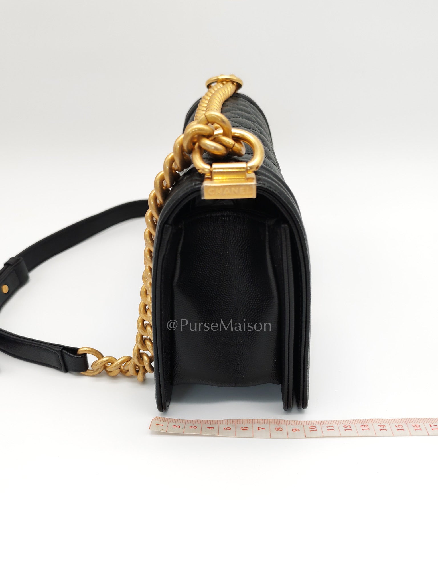Boy Old Medium in Black Caviar Leather and Aged Gold Hardware Microchip Year 2022 | Purse Maison Luxury Bags Shop