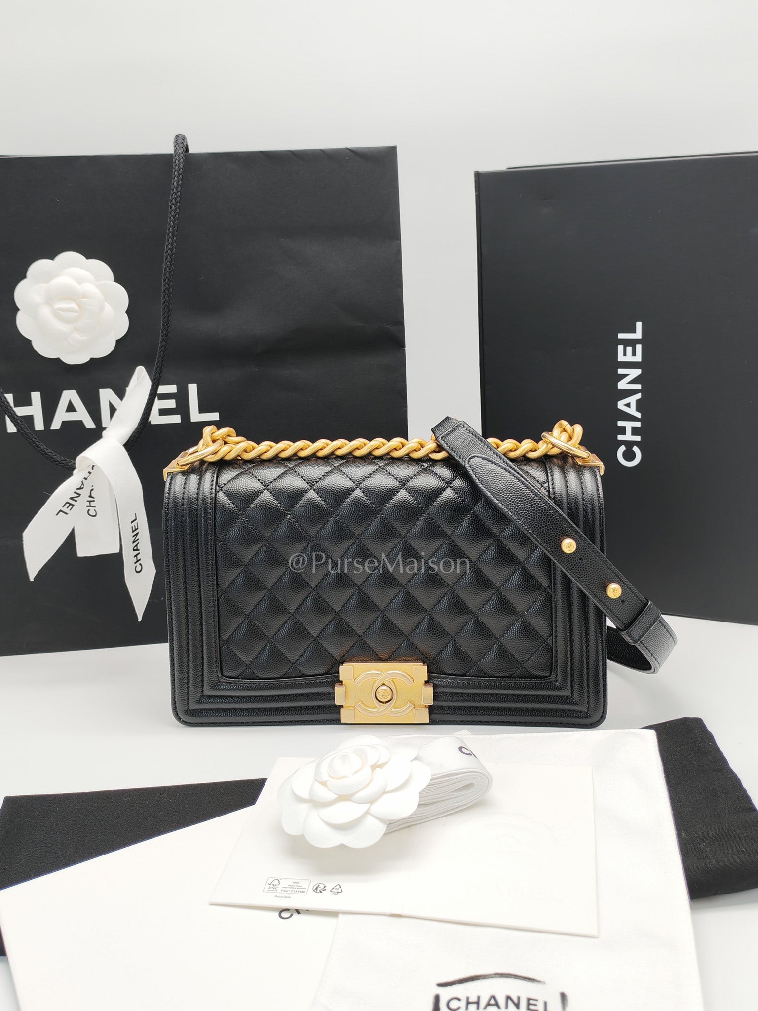 Boy Old Medium in Black Caviar Leather and Aged Gold Hardware Microchip Year 2022 | Purse Maison Luxury Bags Shop