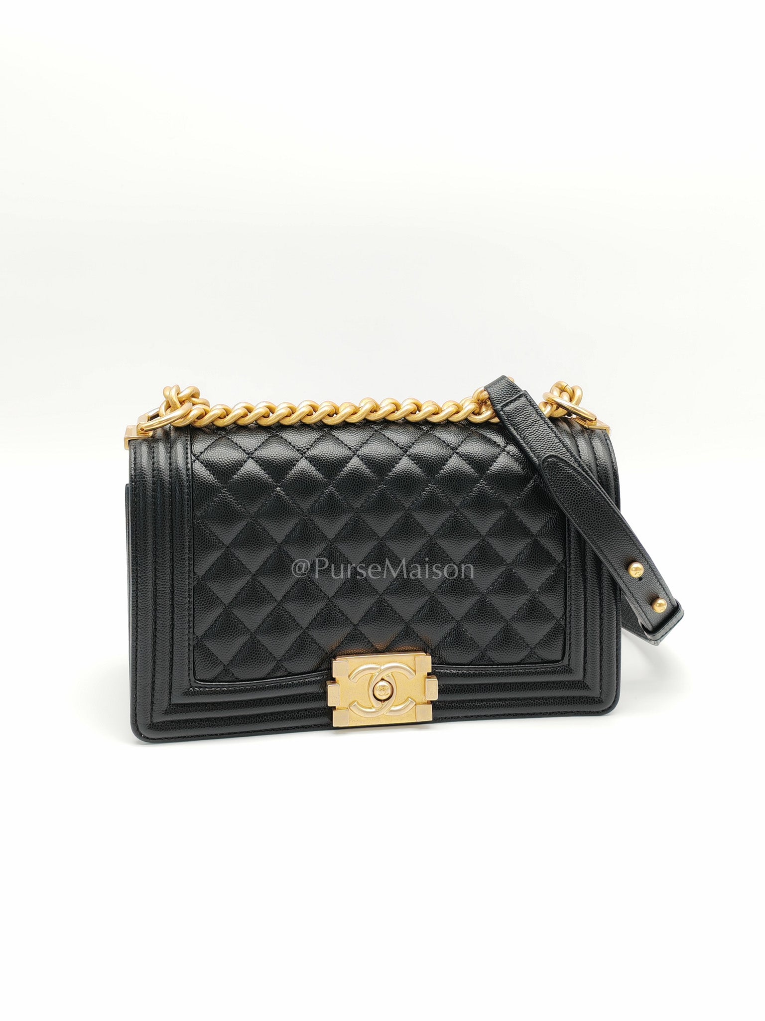 Boy Old Medium in Black Caviar Leather and Aged Gold Hardware Microchip Year 2022 | Purse Maison Luxury Bags Shop